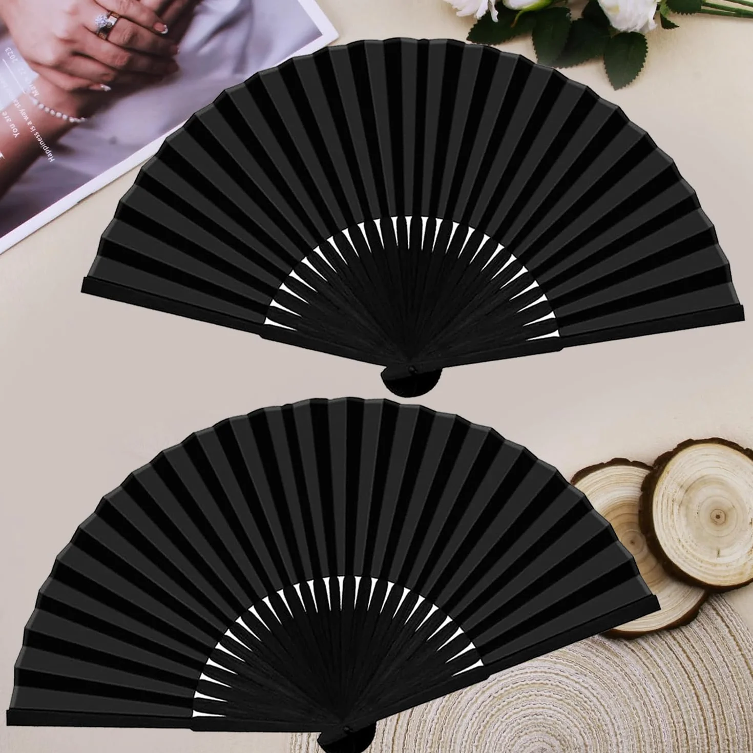 Abanicos plegables de mano de tela de seda china para mujeres y hombres, ventilador de mano plegable negro para baile, boda, fiesta