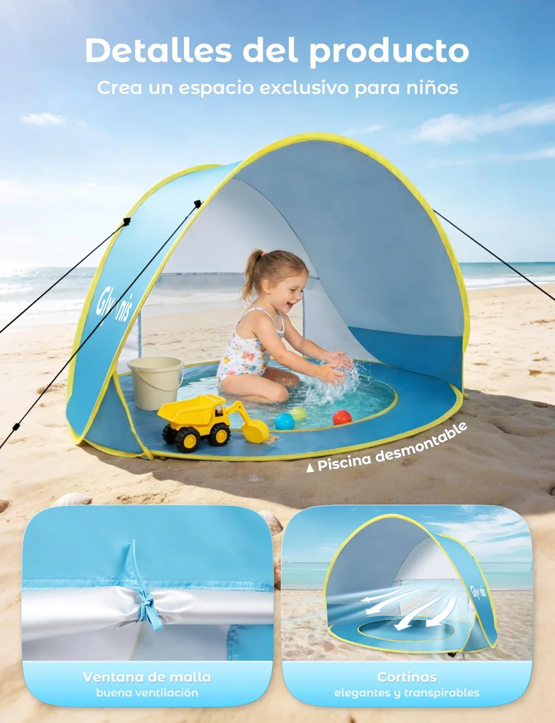 Pop up Tienda de Bebé con Piscina Protección Sol Anti UV 50+ 120x80x70cm