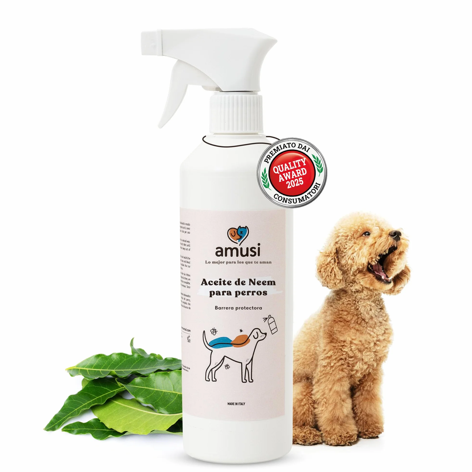 amusi Aceite de Neem para Perros - 500 ml - Anti Insectos - Spray Antipulgas Perros - contra Garrapatas Pulgas Mosquitos Moscas Ácaros Piojos - Anti Pulgas