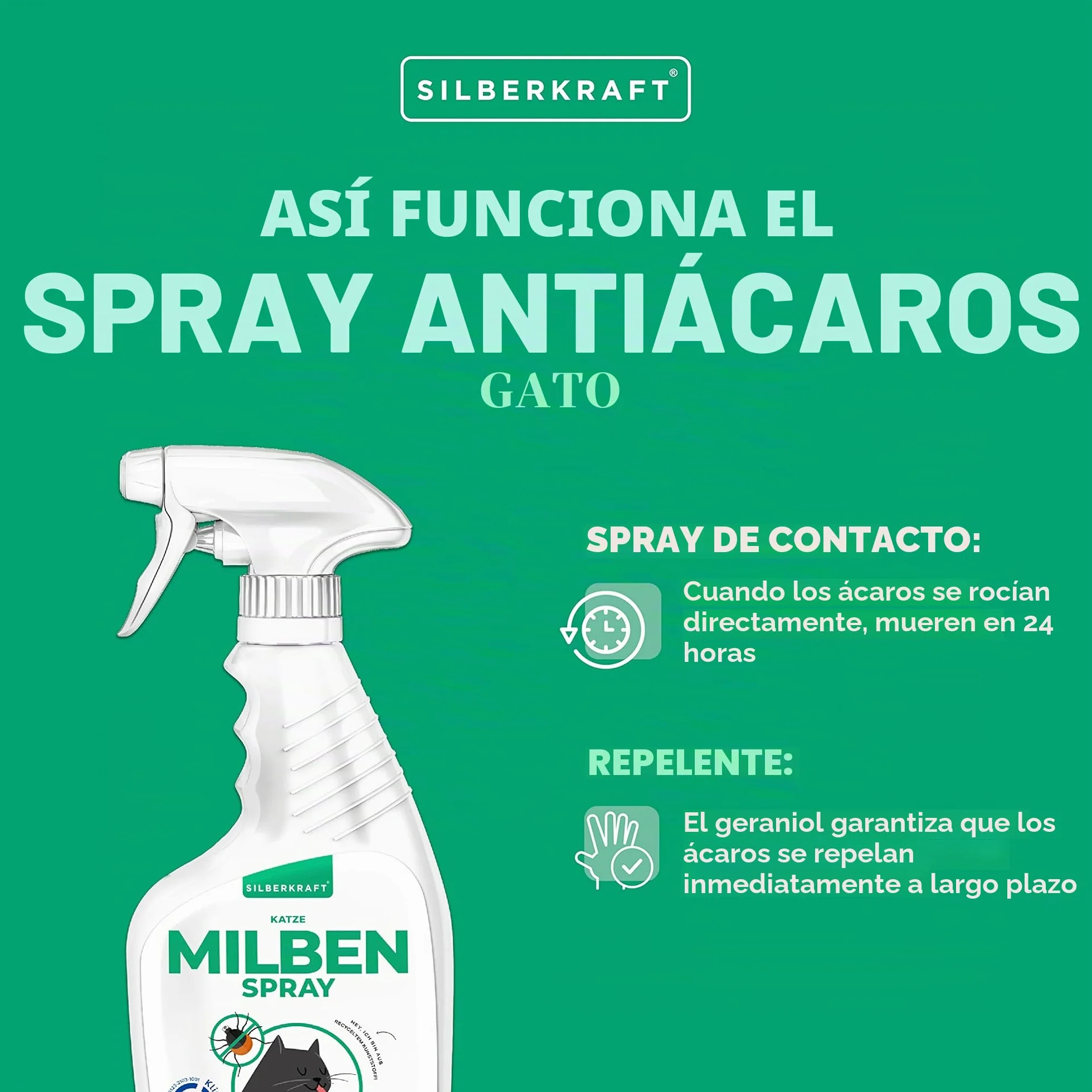 Silberkraft Spray antiácaros para gatos, 500 ml, eficaz antiácaros, para tratar los ácaros del oído, ácaros del gato