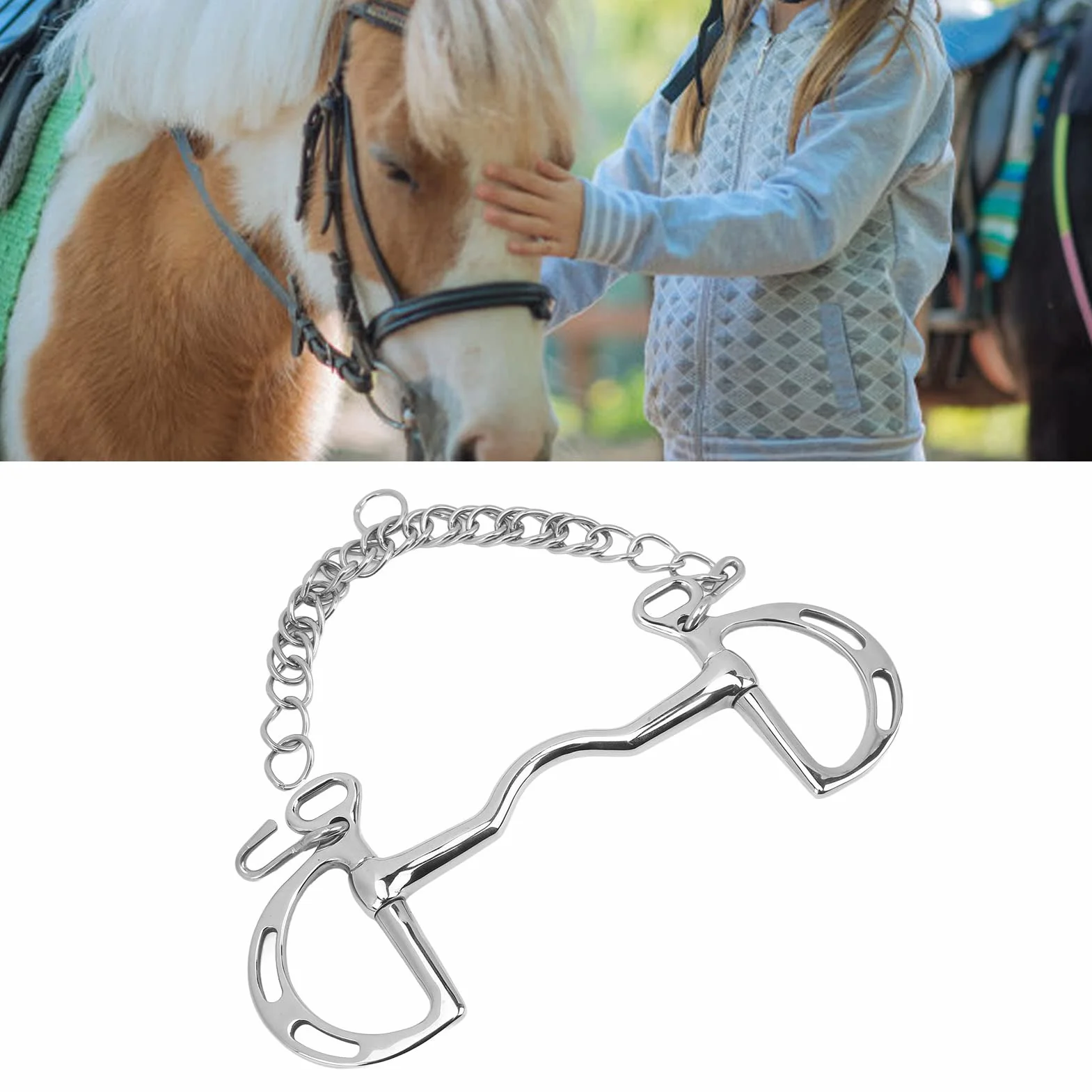 Broca de filete de caballo con anillo en D de acero inoxidable con cadena Broca de boca de caballo de 135 mm Equipo de entrenamiento de caballos duradero antimordeduras par