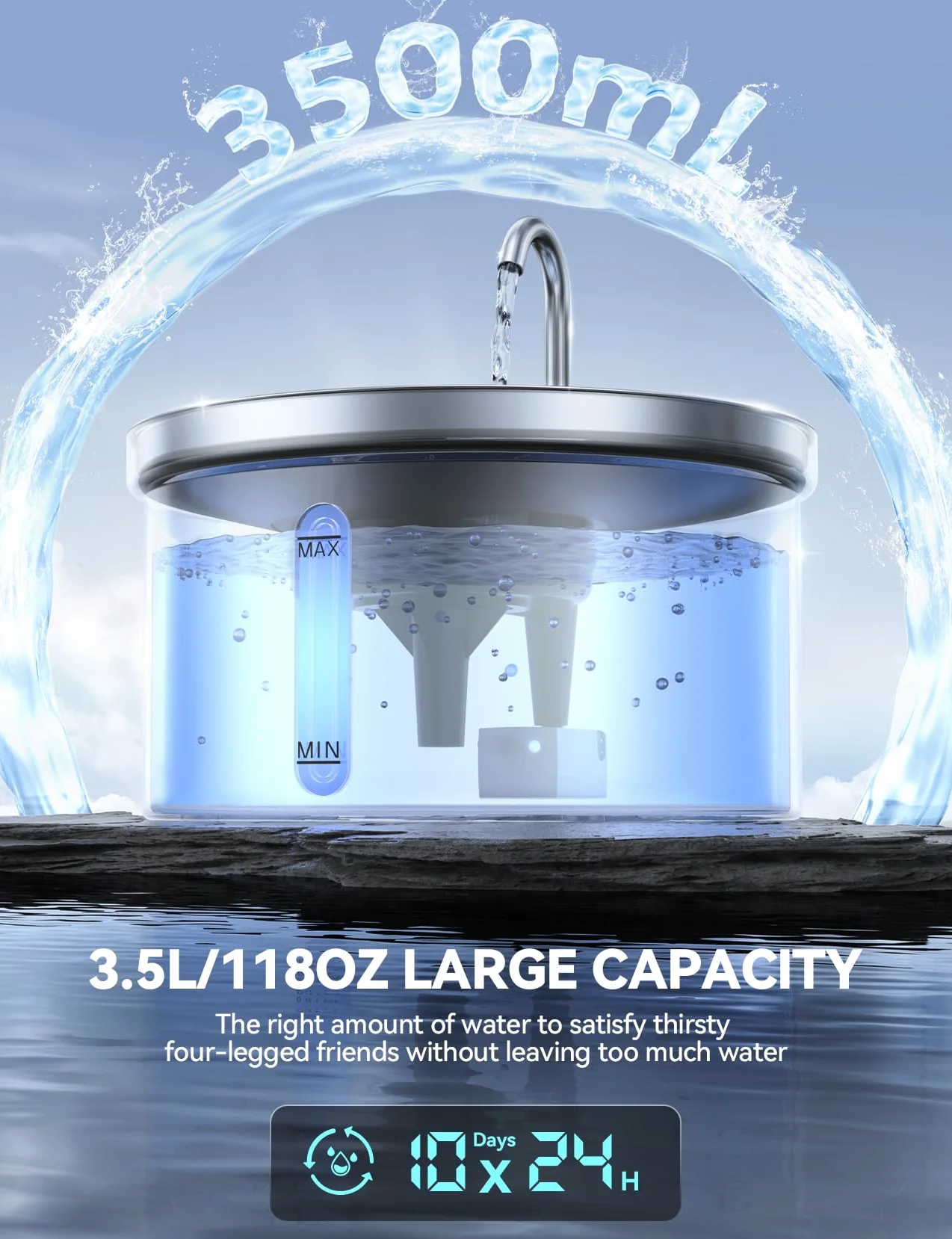 Fuente de Agua para Gatos Acero Inoxidable 304, FEELNEEDY 3,5L Bebedero Gatos Automática diseño de Grifo, Fuente para Mascotas Silenciosa, Multi-Filtración, con 3 Filtros y 1 Cargador USB 5V 1A