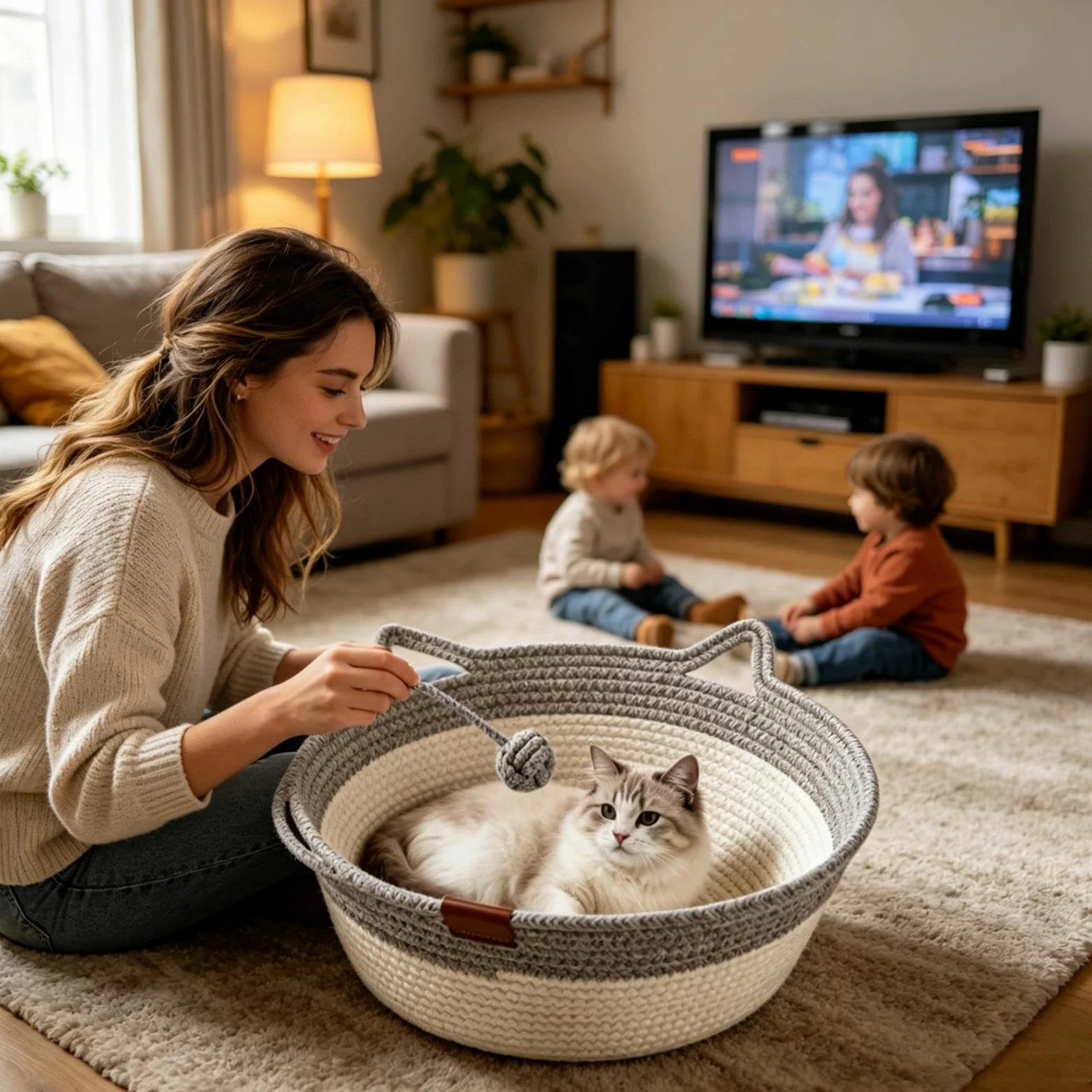 Cesta Para Gatos Suministros para Mascotas Rascador Cuerda Algodón Boho | Camas Tejidas A Mano Para Mascotas Y Gatos Para Gatitos y Cachorros Pequeños y Medianos Decoración Hogar Interior Exterior