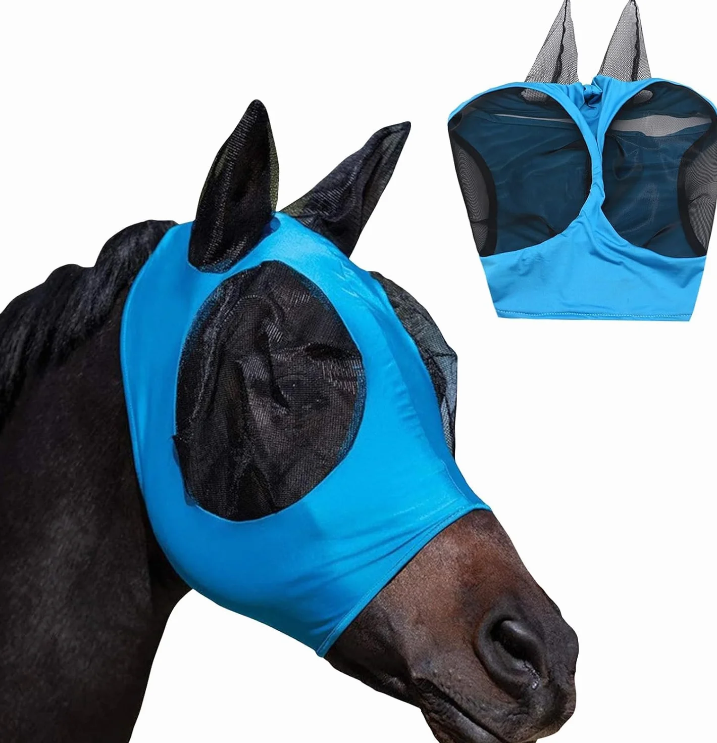 Máscara de Mosca Azul para Caballos con Orejas, Protección UV y Moscas, Malla Transpirable