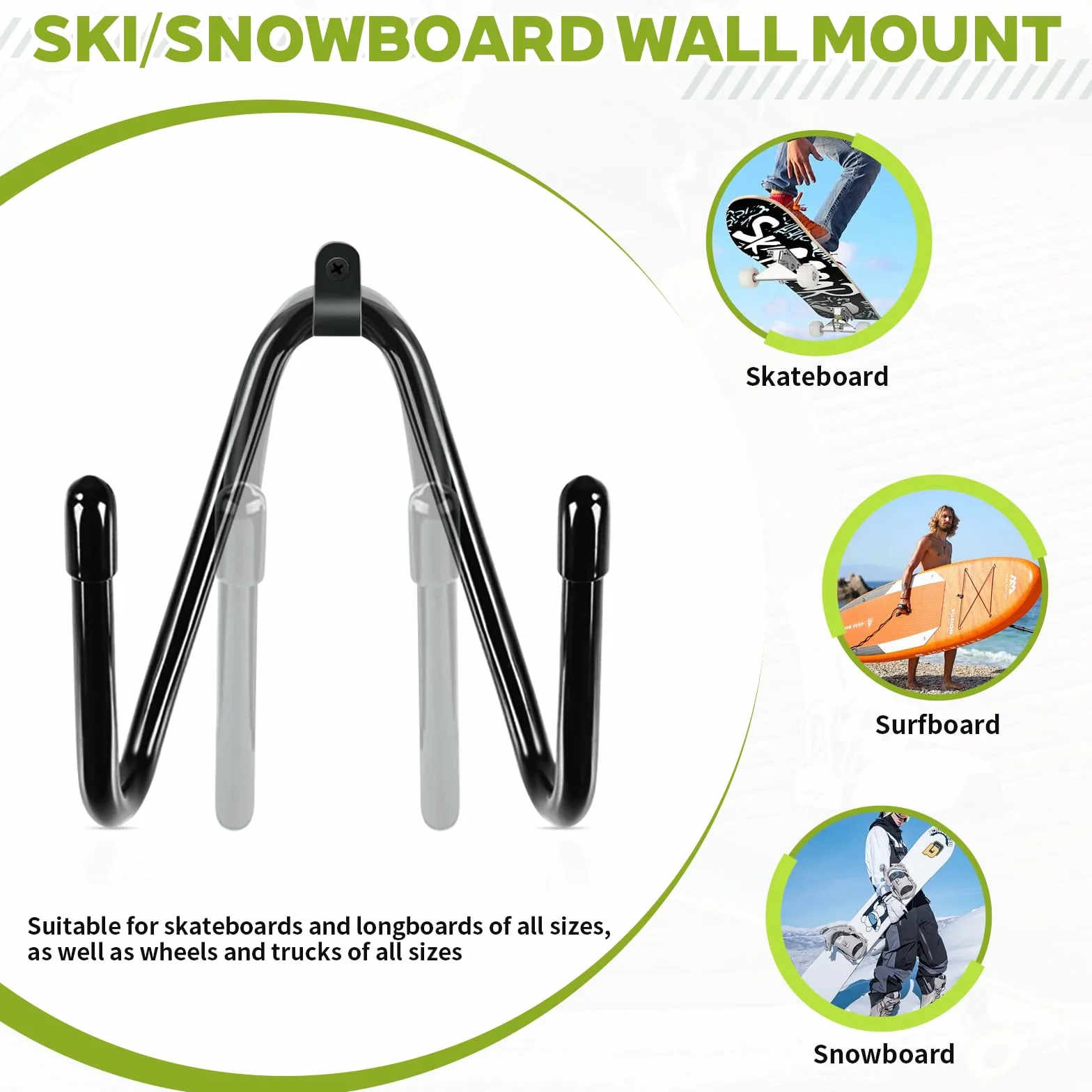 Soporte Skate Pared, Tabla Snowboard de Pared para Monopatines, Snowboards y Esquís, Gancho Almacenamiento, 1 Par