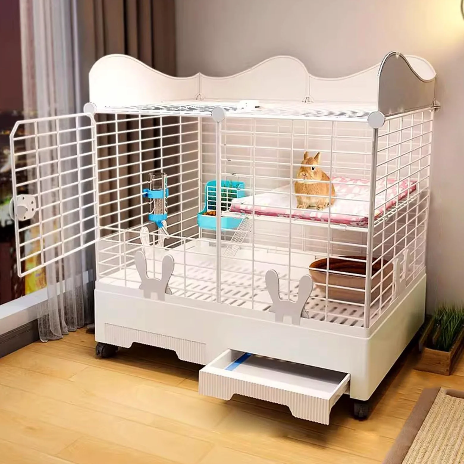 Conejera Doble, Conejera de Interior con Espacio de Almacenamiento - Conejera para Animales Pequeños con Dos Bandejas Deslizantes para Conejos, Chinchillas y Hurones(White)