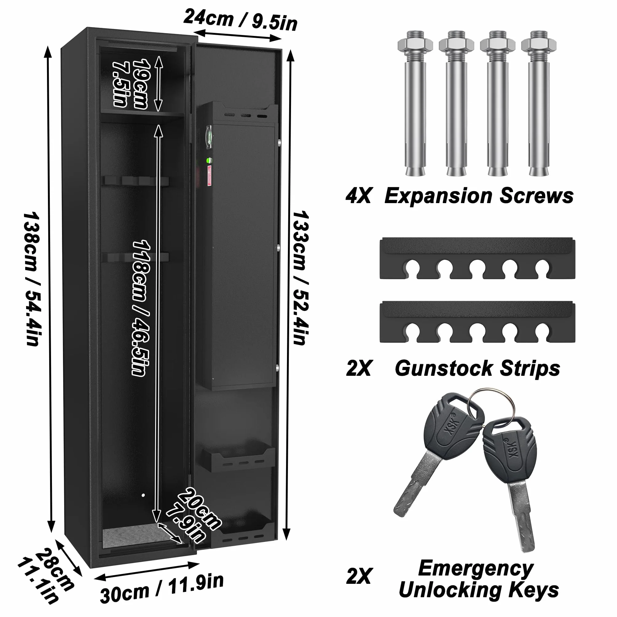 YUENFONG Armario para armas 3-5 rifles, caja fuerte cerradura electrónica, armario para armas largas 2 llaves, ajustable, negro