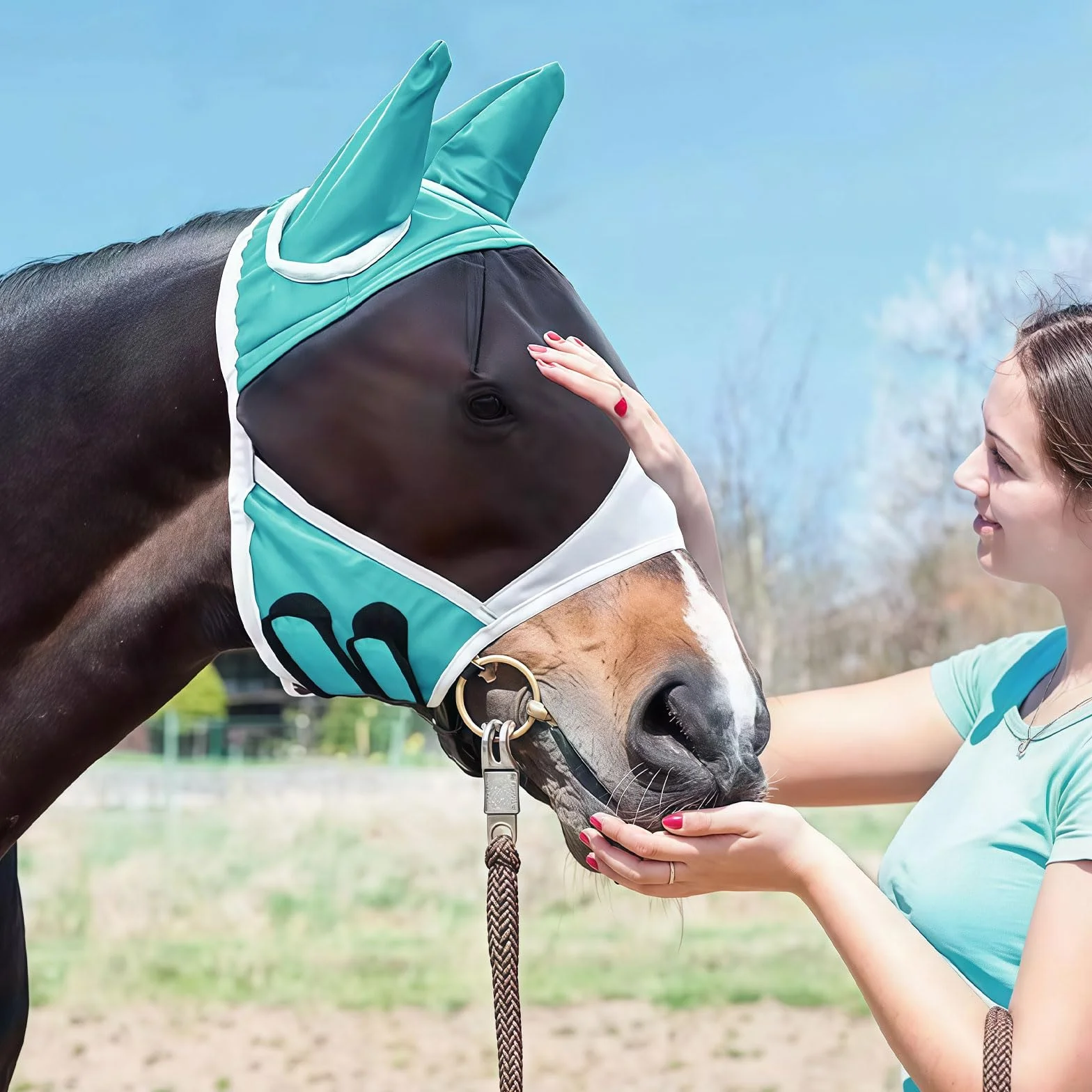 Máscara de mosca de caballo MUNSKT transpirable elástica con gran espacio para los ojos, máscara contra mosquitos e insectos, máscara de mosca Shires con orejas para caballos (M)