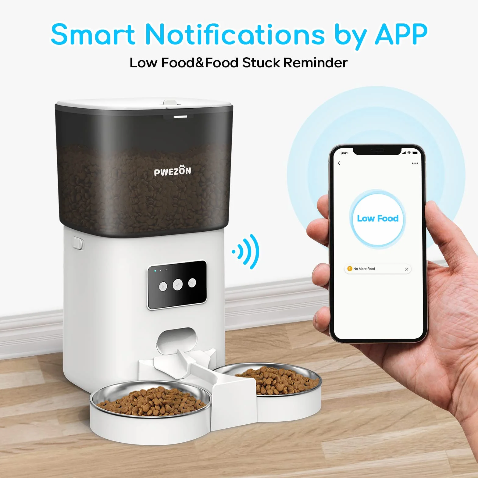 6L Comederos Automáticos para Gatos y Perros con Dos Tazones, PWEZON Inteligente WiFi Dispensador de Alimentación Automático para Dos Mascotas, Temporizador, Control de Porciones, Grabadora de Voz