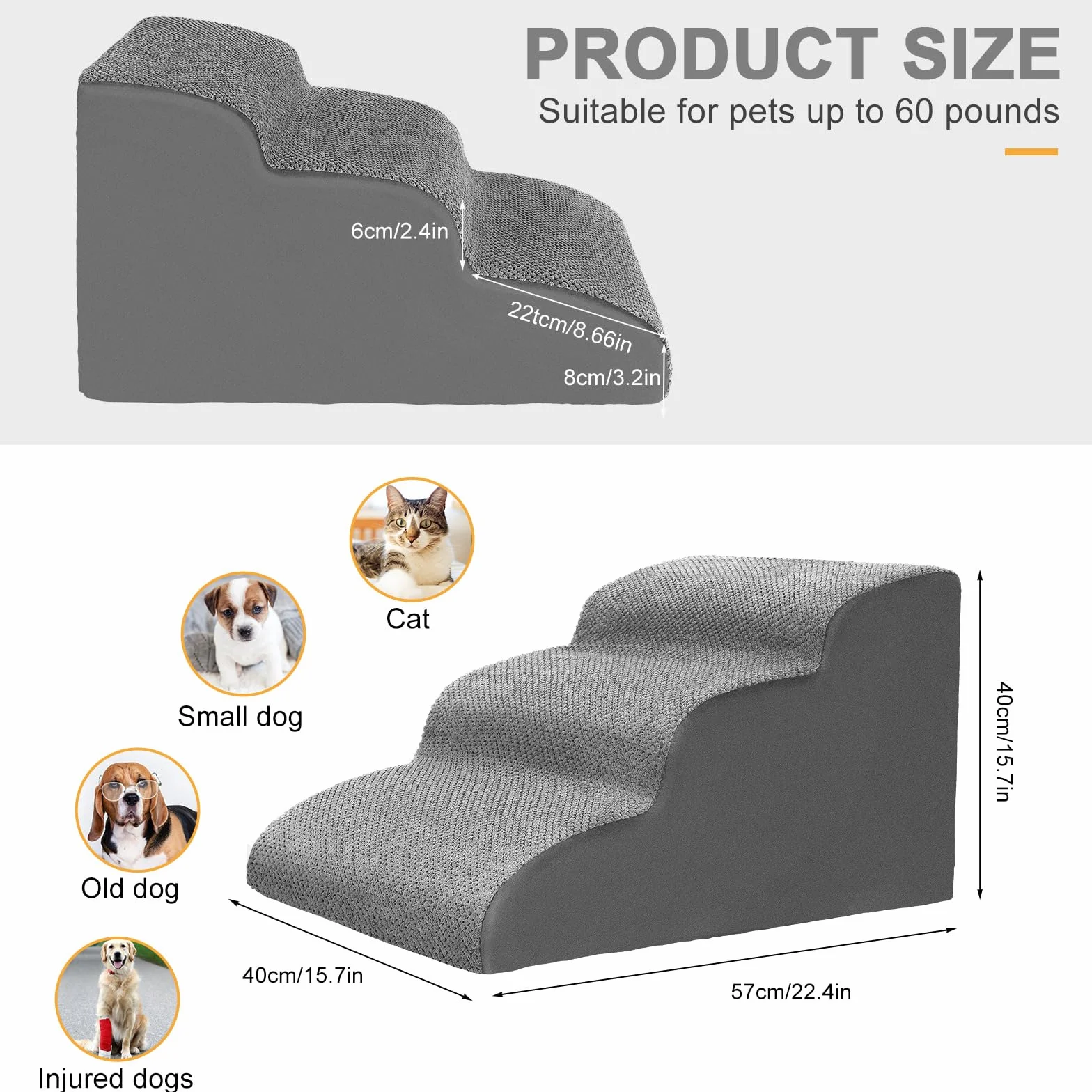 Lannvan Escalera para Perros, Escaleras para Mascotas de Espuma de 3 Escalones, Rampa para Perros Pequeños y Gatos con Funda Lavable, para Sofá o Cama, Enviar Rodillo de Pelusa, Gris