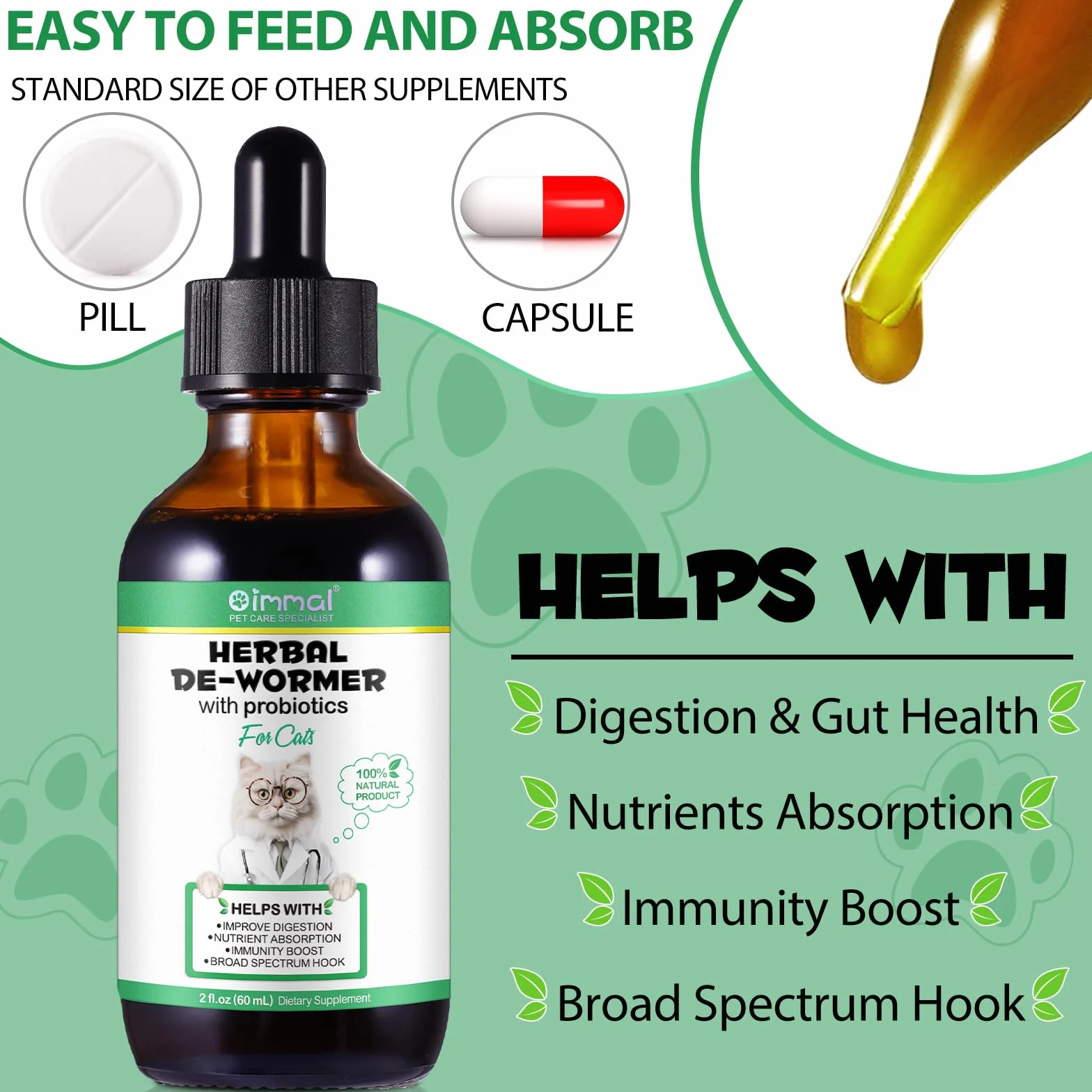 Vermífugo líquido para Gatos, Gotas vermífugas Naturales a Base de Plantas para Gatos, 100% Natural, favorece la Salud y la higiene intestinal, Mejora la digestión, refuerza la inmunidad 60 ml