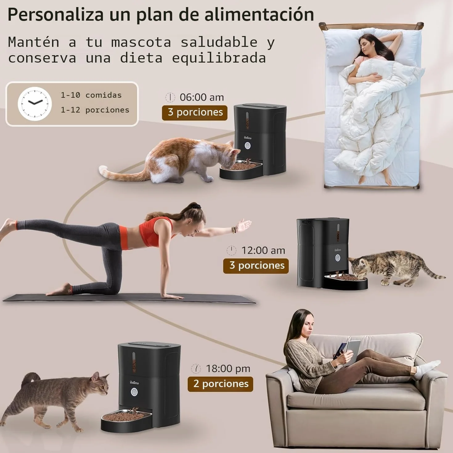 Balimo Comedero Gato Automatico, 2.4G WiFi Dispensador Comida Gatos, 3L Comedero Automatico Gato, Bol de Acero Inoxidable 304, 1 a 10 Comidas, Negro