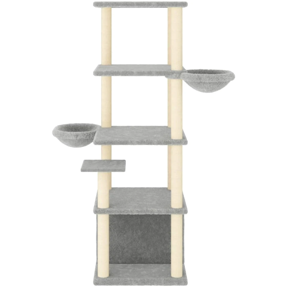 Árbol trepador de 147 cm de alto con 2 cuevas y troncos de sisal, color gris claro | Mueble para gatos de varios niveles para el salón con cómodas superficies de descanso de felpa suave y base resistente.