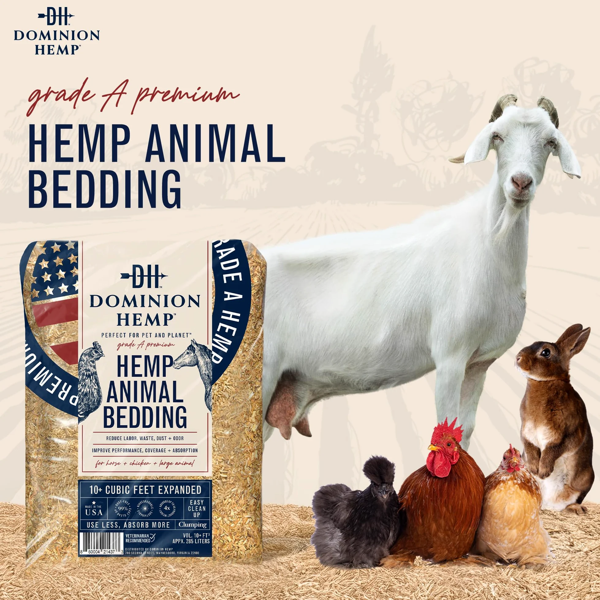 Dominion Hemp Premium - Ropa de Cama de cáñamo para gallineros de más de 10 pies cúbicos (285 L) – Cultivado y procesado en Estados Unidos – Cajas Nido para Pollos, Conejos, cobayas, hámsters