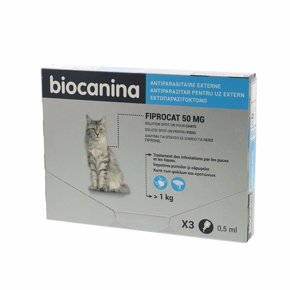 BIOCANINA Fiprocat 50 MG, solución spot-on para gatos, 3 pipetas de 0,5 ML