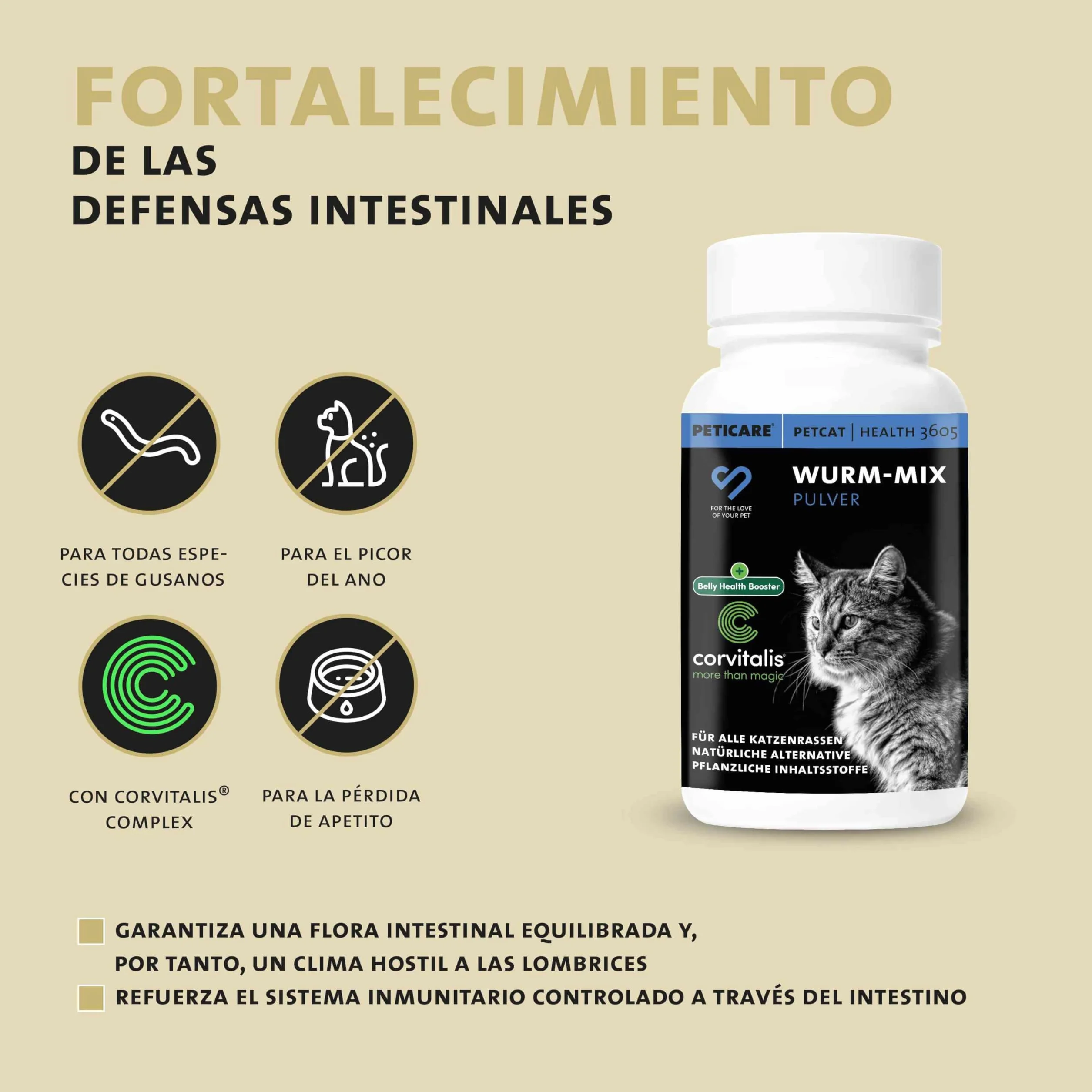 Peticare Desparasitante Antiparasitario para Gatos | Polvo de Hierbas | Remedio 100% Natural con Curcuma y Tomillo contra Gusanos Intestinales, Anquilostomas, Higiene Intestinal | petCat Health 3605