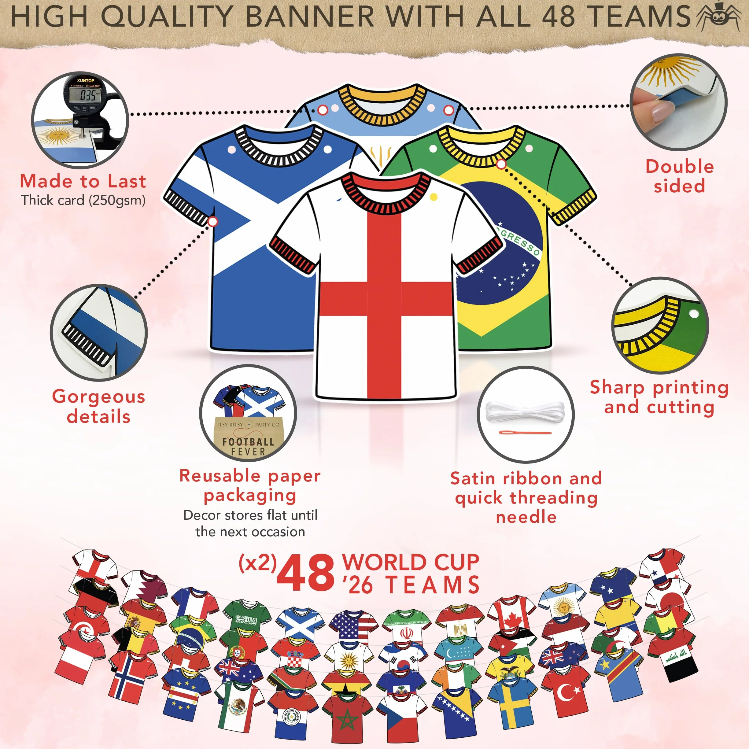 Banderines reutilizables Copa del Mundo 2026 2 unidades 48 equipos decoración fútbol pancarta de papel