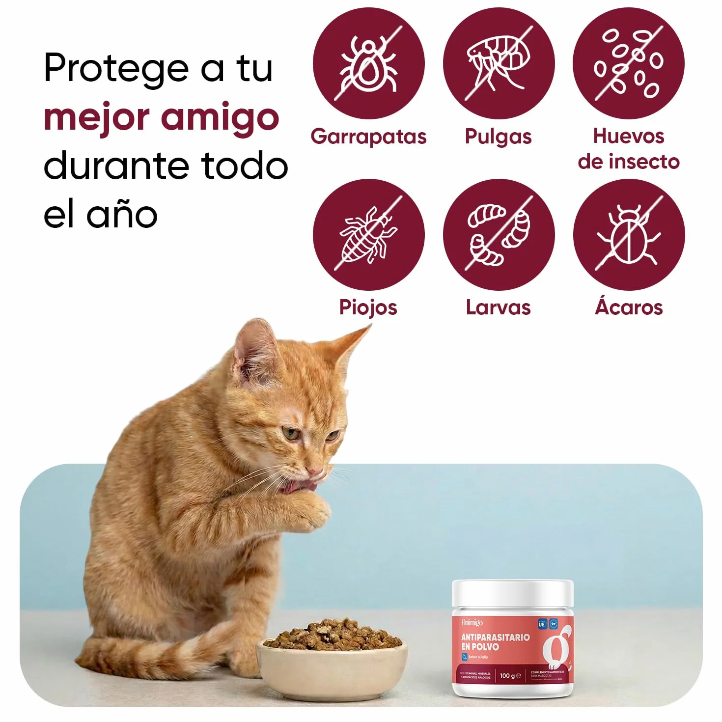 animigo Antiparasitario en Polvo para Gatos 100g Sabor Pollo - Protección Natural Antipulgas y Antigarrapatas Muy Fácil de Suministrar Formulado con Ingredientes Naturales, Vitaminas Grupo B y Zinc