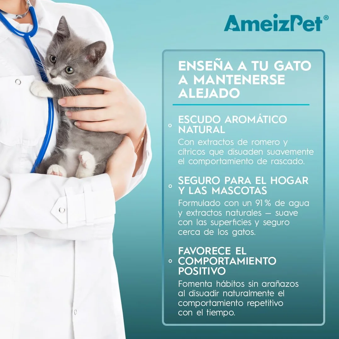 AmeizPet Spray Antiarañazos Gatos, Evita Que Los Gatos Arañen Muebles, Alfombras, Cortinas y Plantas, Ahuyentador de Gatos y Gatitos Exterior e Interior, 50 ml (1.69 Oz)