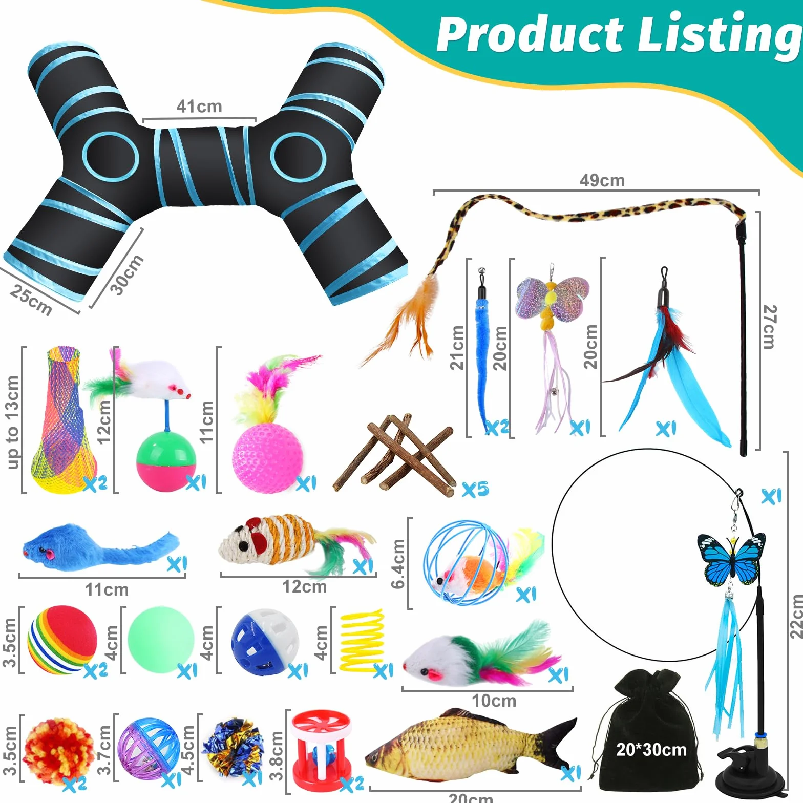 Set de 33 Piezas de Juguetes para Gatos - Túnel, Ratones, Varita de Plumas, Peces - Paquete de Variedad para Gatitos