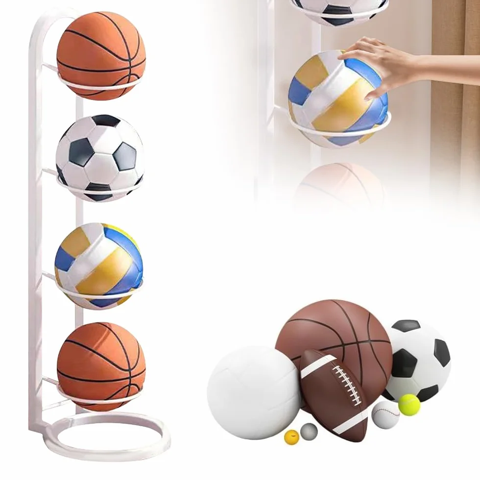 Soporte vertical para balones de metal, estante de 4 niveles para voleibol, baloncesto, fútbol (blanco)