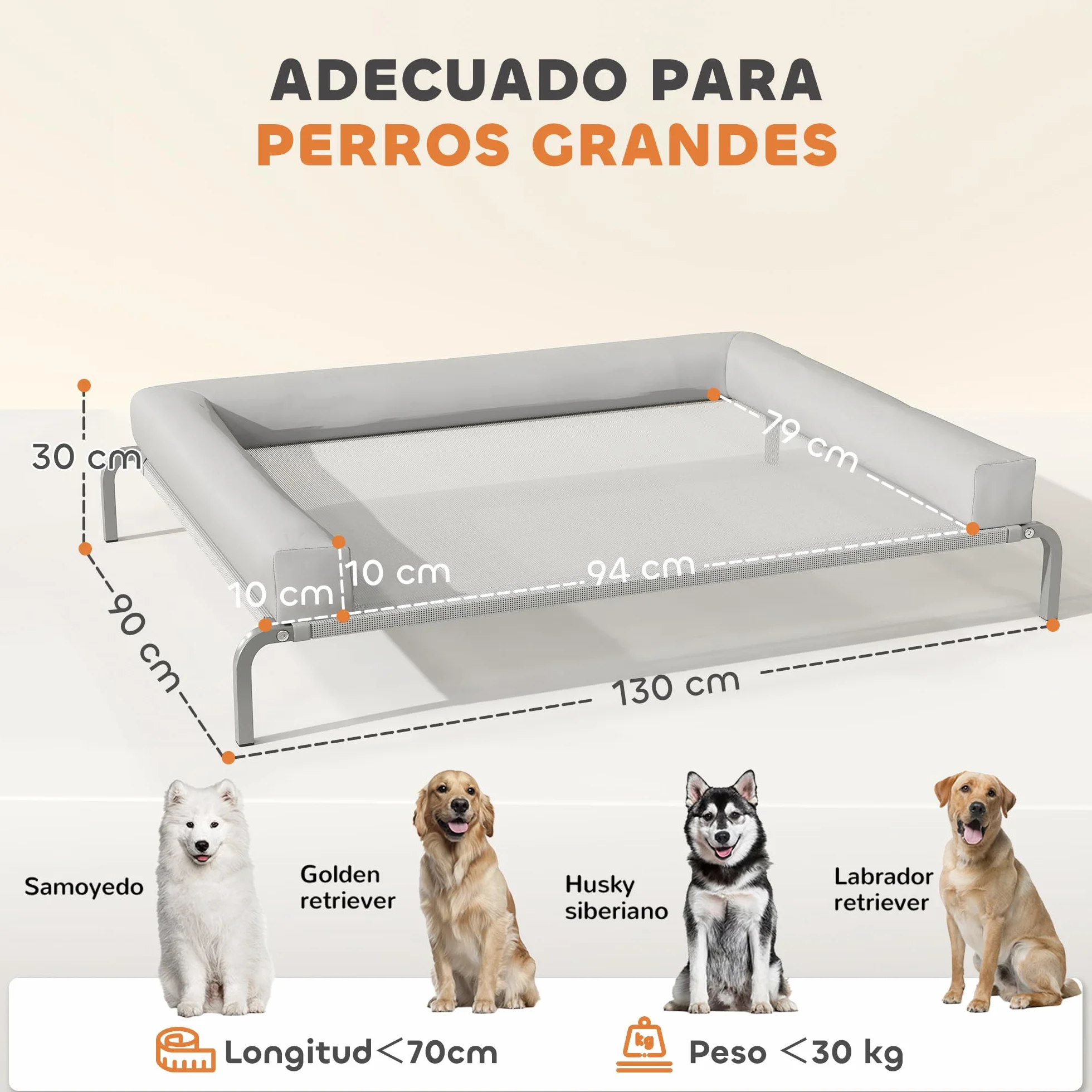 PawHut Cama Elevada para Perros Refrescante con Refuerzos Extraíbles Cama Elevada para Perros Grandes Portátil con Malla Transpirable Marco de Acero para Interior Exterior 130x90x30 cm Gris Claro