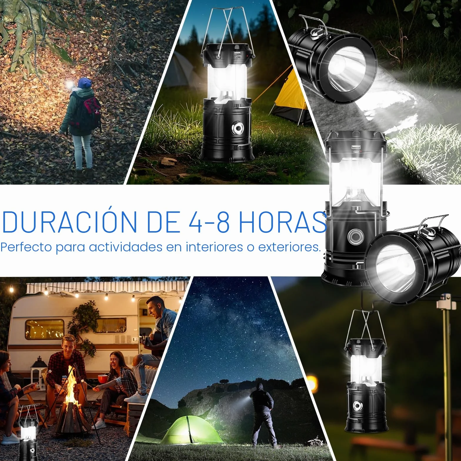 Linterna Camping Solar LED Plegable Impermeable con Gancho, Luz para Acampar, Negro