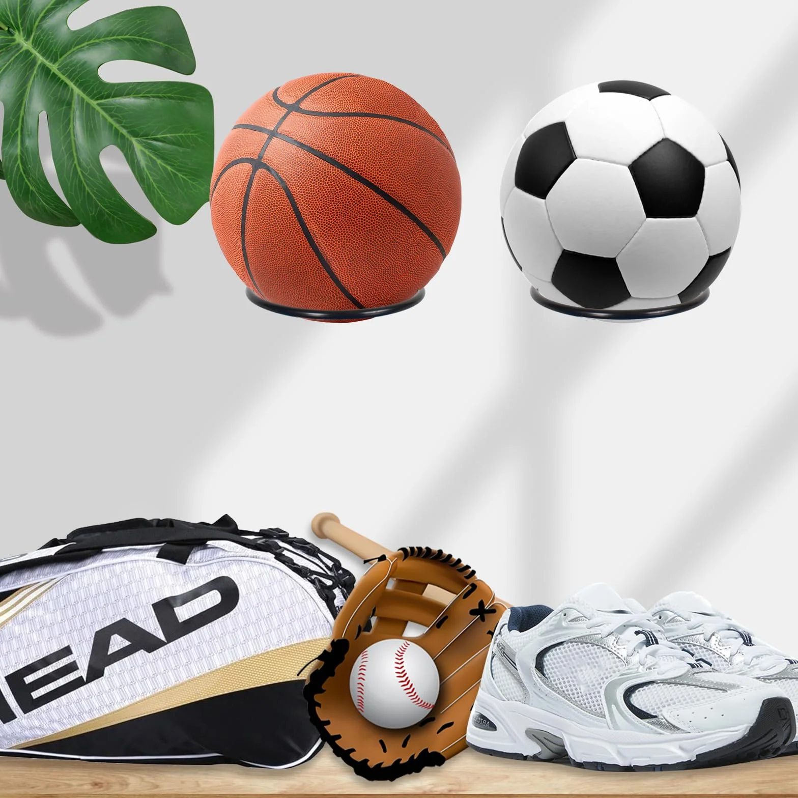 Soporte de Pared para Balones de Exhibición Baloncesto Rugby Voleibol Negro