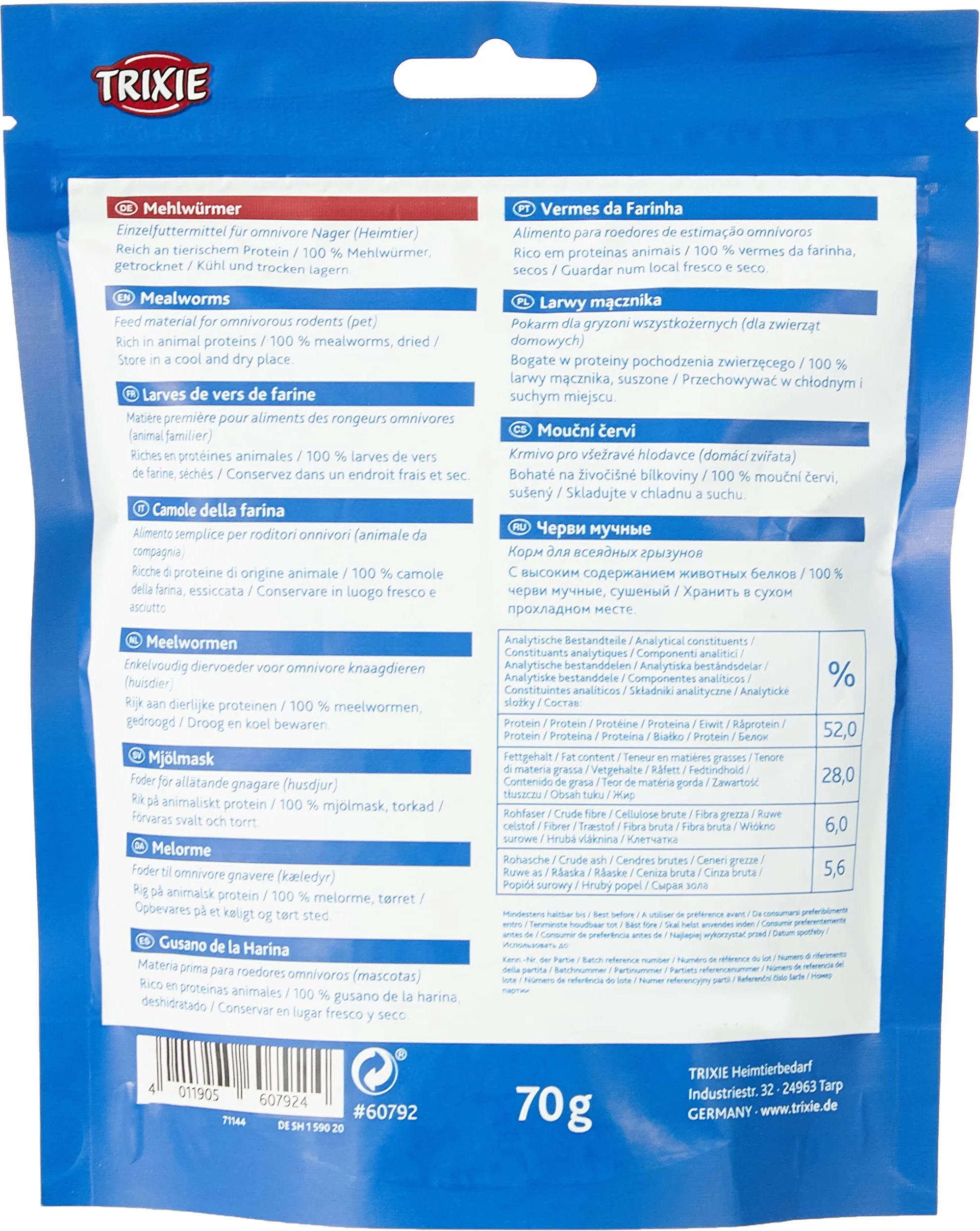 TRIXIE – Seco Gusano de Harina para Pequeños Mamíferos, 70 g, Fuente Natural de Proteínas, Ideal para Conejos, Cobayas y Hurones