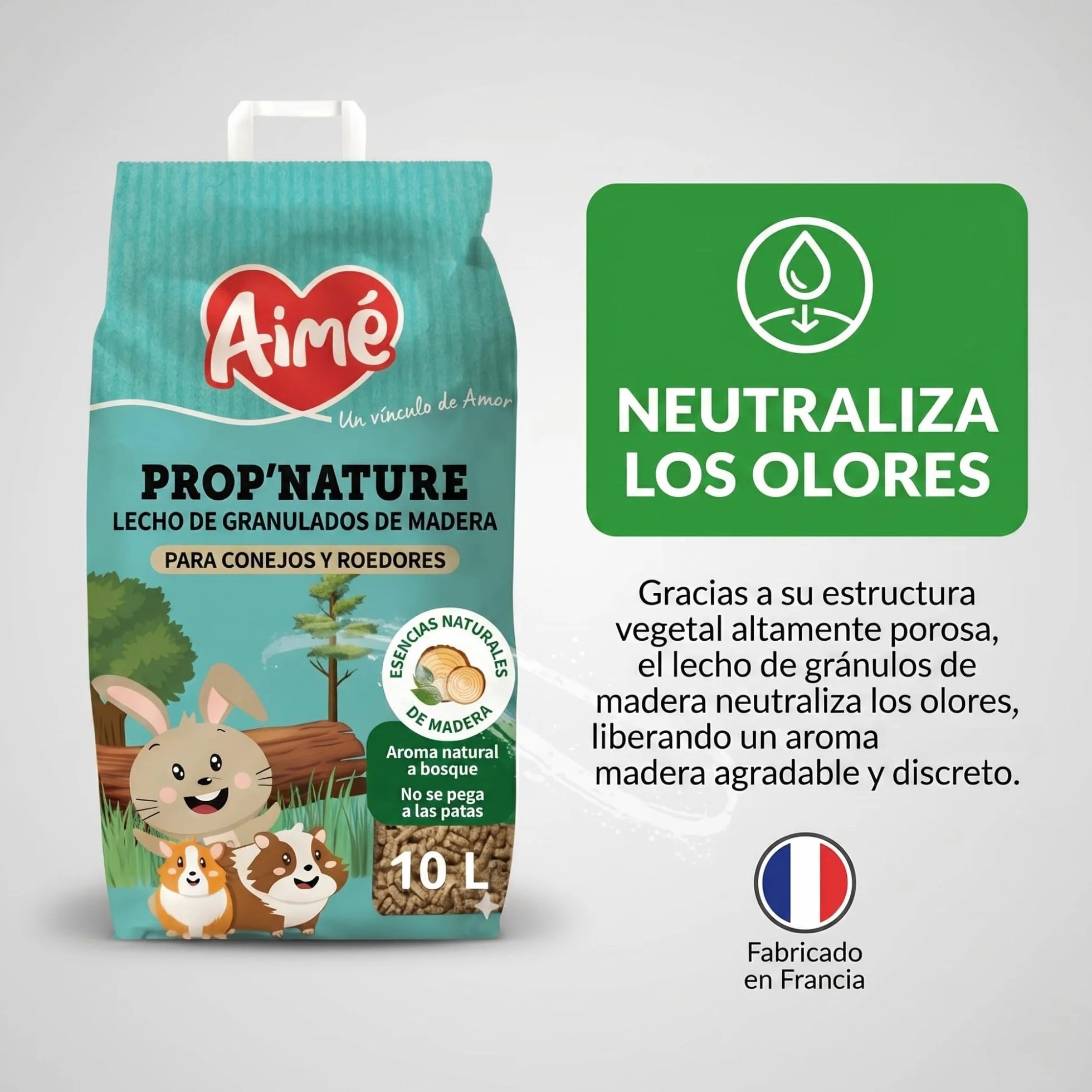 Aimé | Lecho PROP'Nature 10L para Conejos | Arena Biodegradable y Súper Absorbente de Pellets de Madera | Neutralizador de Olores para Jaulas | El Embalaje Puede Variar