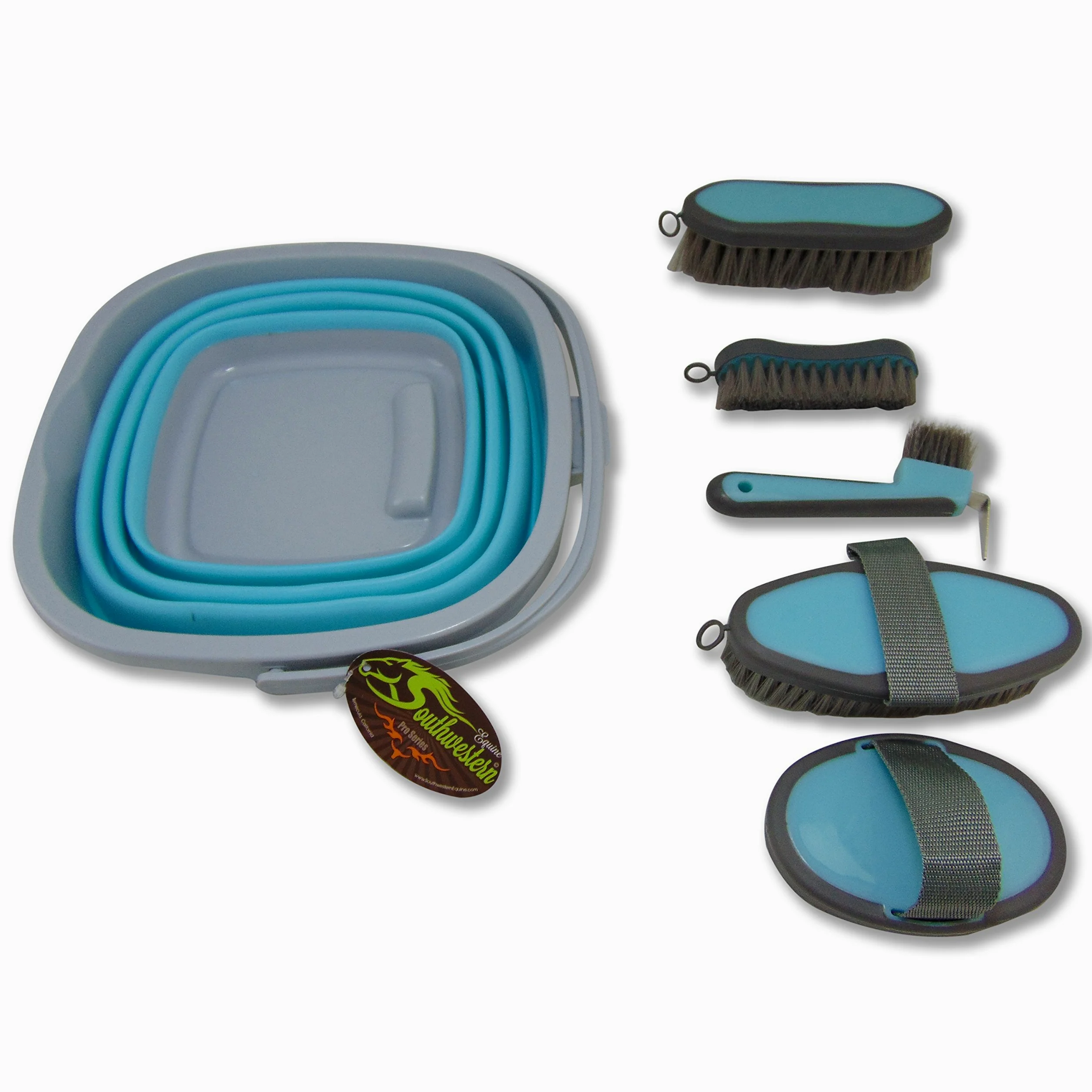Southwestern Equine - Kit de aseo plegable de 10 litros y 5 herramientas de aseo – Turquesa