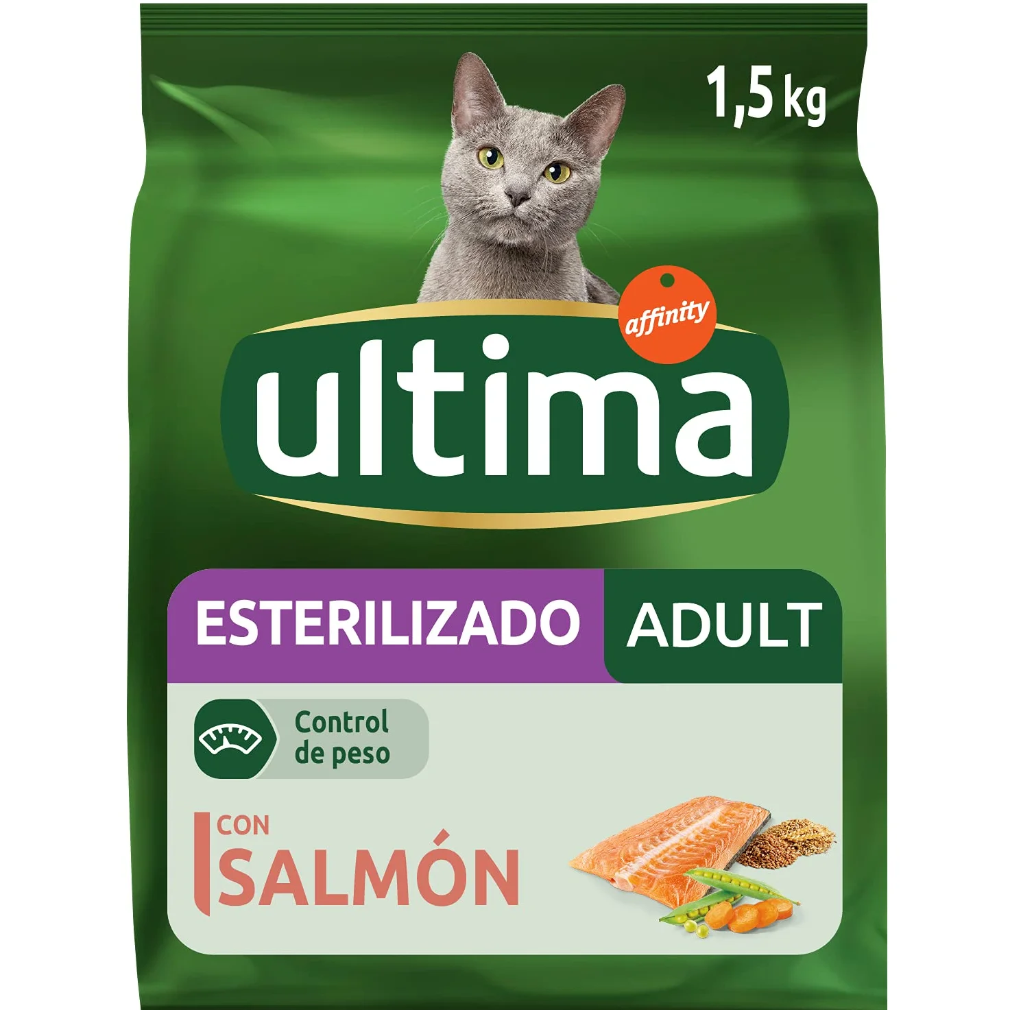 ultima Pienso para Gatos Esterilizados Adultos con Buey, Pack de 8 x 800g - Total: 6.4kg & Pienso para Gatos Esterilizados Adultos con Salmón 4 x 1.5 kg