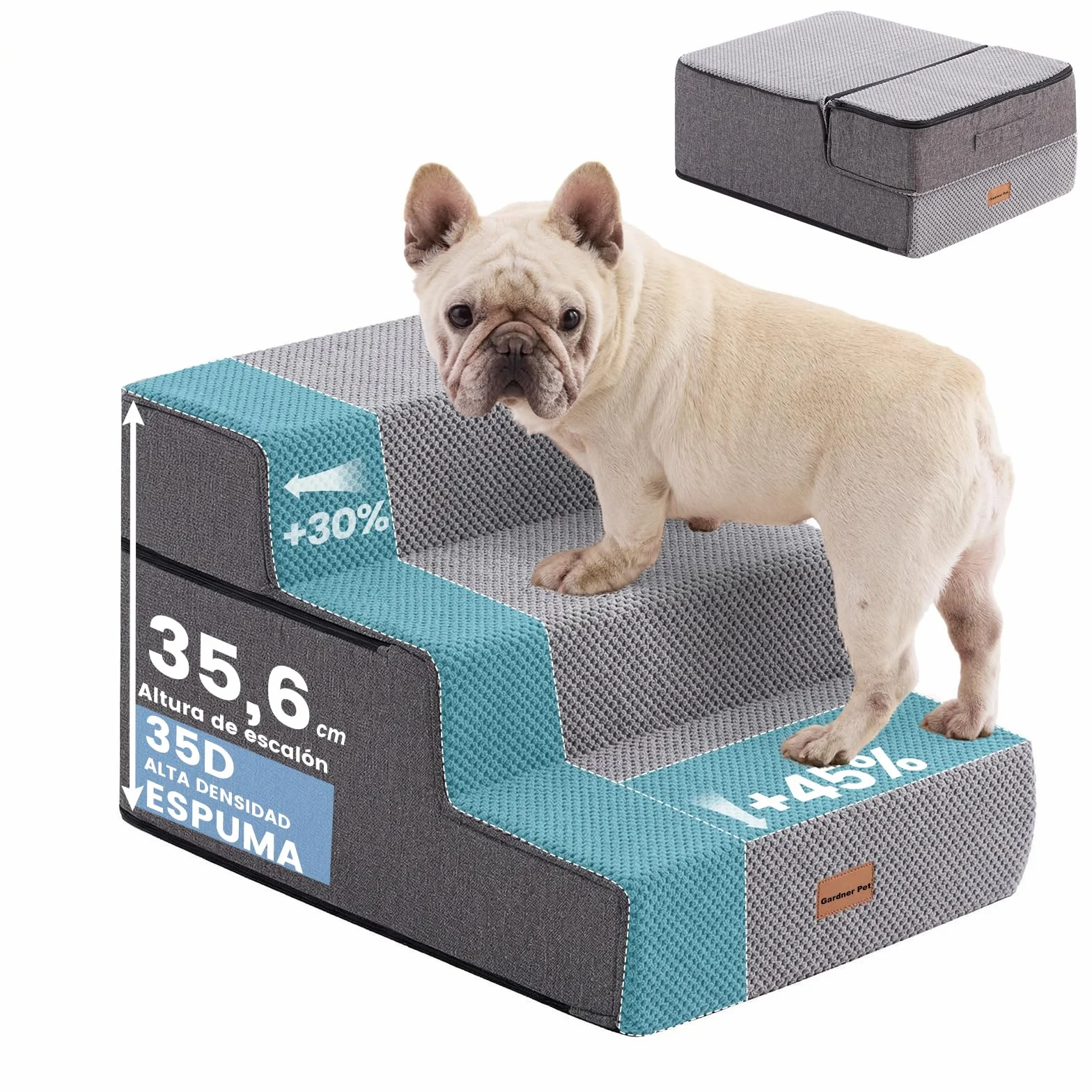 Gardner Pet Escalera para Perros Grade 3 de Espuma de Alta Densidad, 58 cm de Ancho, con Funda extraíble, Antideslizante, facilita el Acceso de Las Mascotas a sofás y Camas - Gris