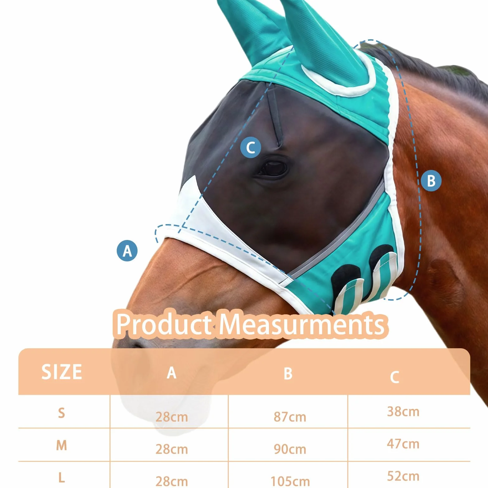 Máscara de mosca de caballo MUNSKT transpirable elástica con gran espacio para los ojos, máscara contra mosquitos e insectos, máscara de mosca Shires con orejas para caballos (M)