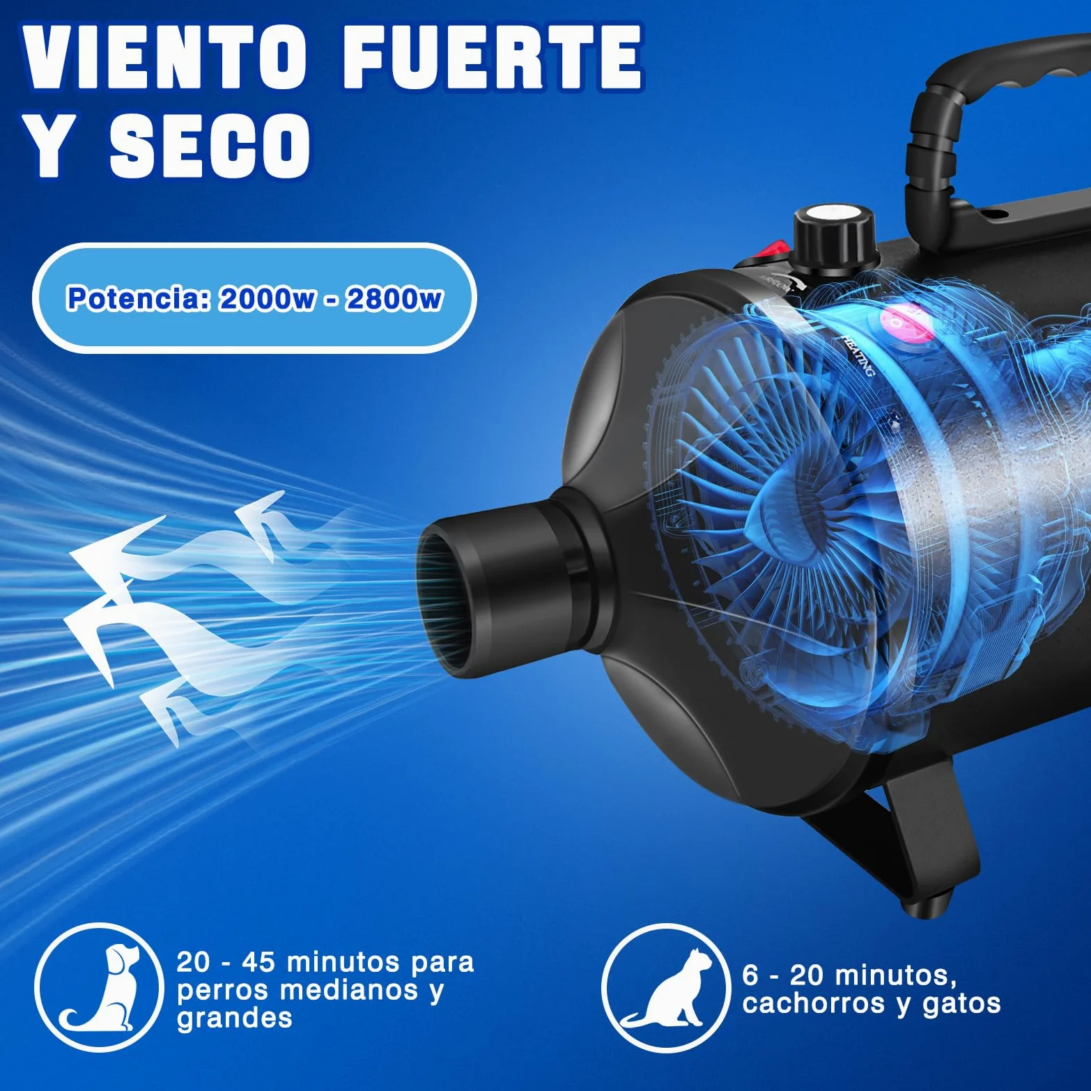 2800W Secador de pelo para mascotasSecador de pelo de bajo nivel de ruido, velocidad continua, temperatura ajustable, 2,5 m de manguera flexible con 4 boquillas