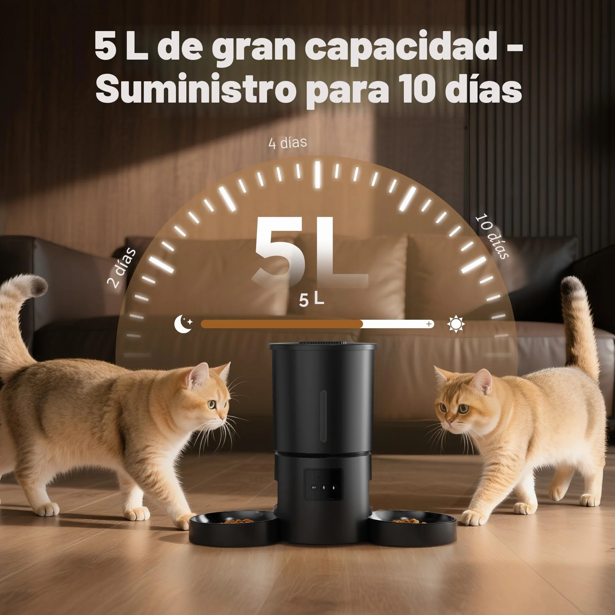 Comedero Gato Automático Doble & App: Dispensador Automático de 5L con WiFi 2.4G y Temporizador para Comida Seca - Diseño de Comedero Doble AONBOY para Múltiples Gatos y Perros - Negro