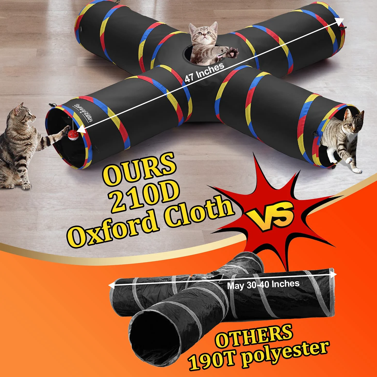 Túneles de Gato de 4 vías para Gatos de Interior, Tubo Plegable de 10 Pulgadas de diámetro y 47 Pulgadas más Largo, Bola de Campana para Jugar a Mascotas, Cachorro, Gatito Conejo