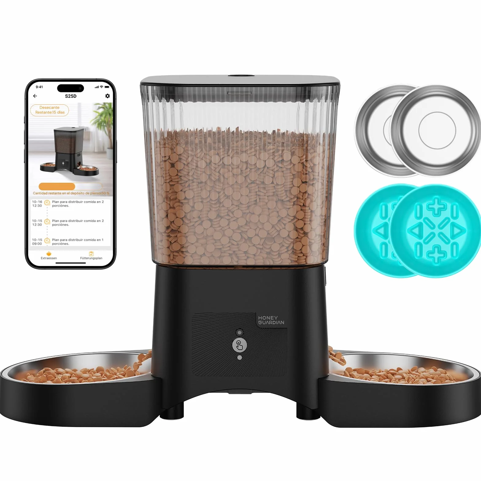 Comedero Gato Automatico 5G WiFi, HONEYGUARDIAN Dispensador Comida Seca Gatos Perros, Alimentador Automatico Gato Fácil Operación con Control App, 4 Cuencos (Acero inoxidable + Lento), 1-6 Comidas/Día