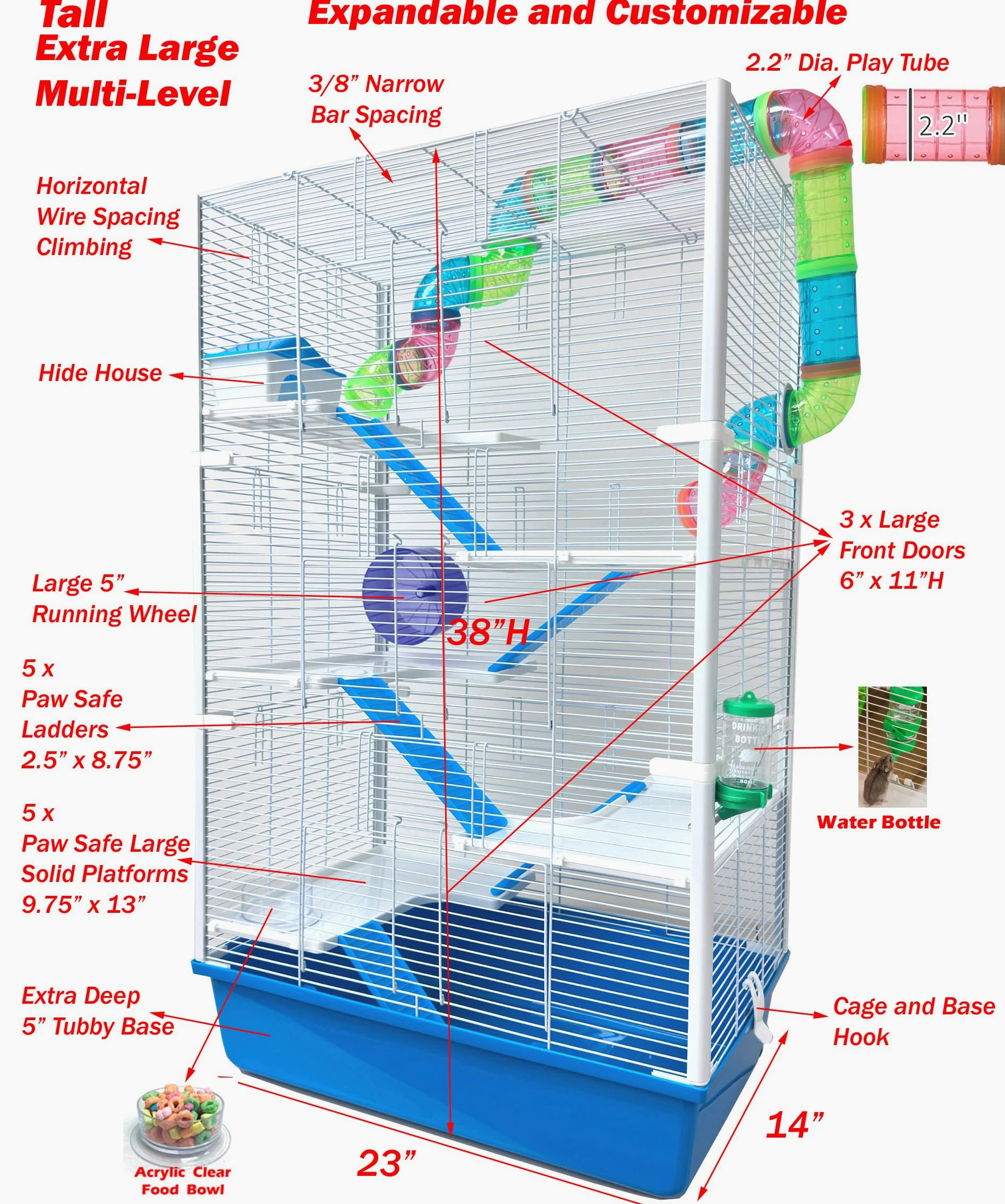 Torre alta extra grande de varios niveles, fácil instalación, hámster, palacio, jerbo, hábitat, ratón, casa, ratones, bichos, jaula para el hogar con juego completo de accesorios, base profunda