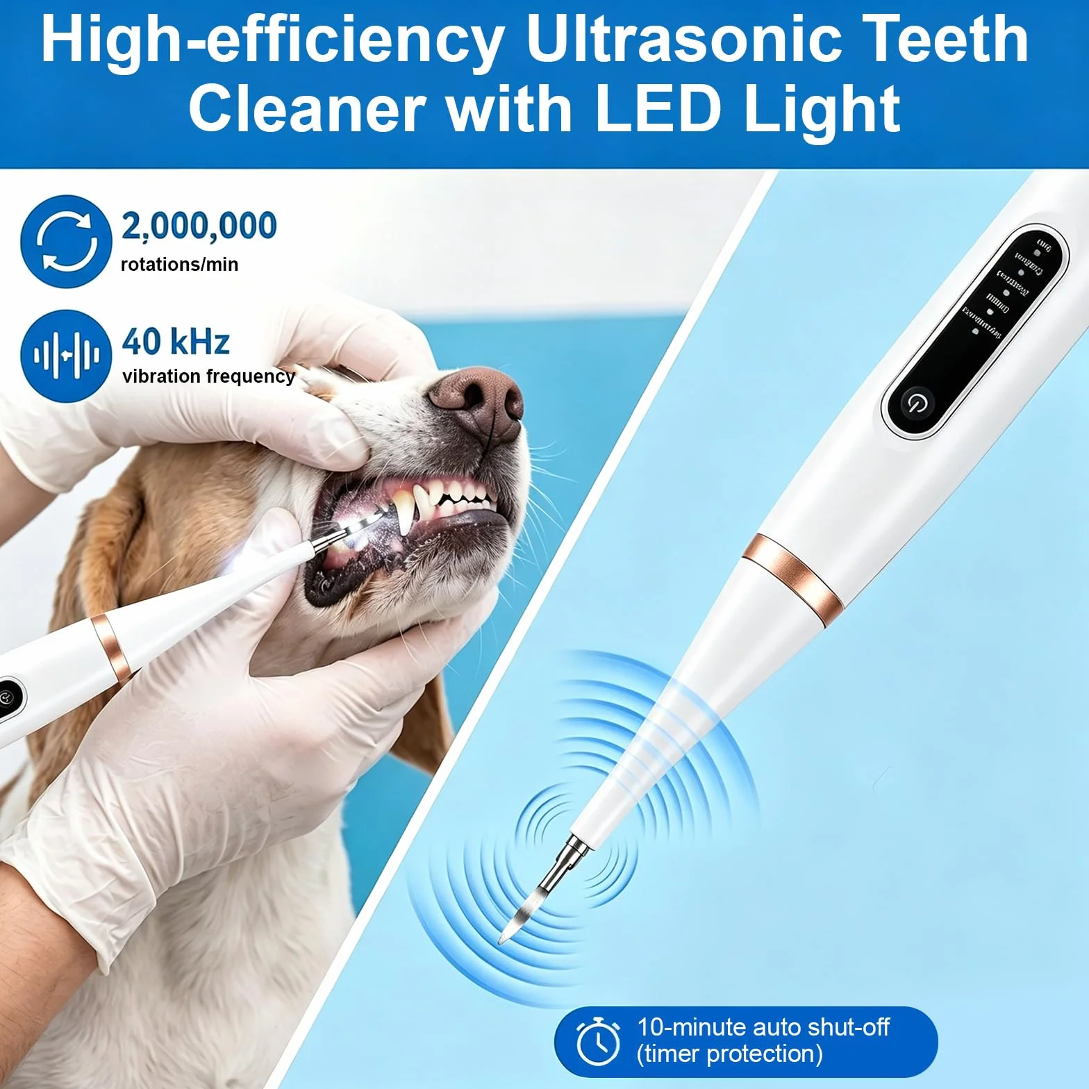 Limpiador Dental Ultrasónico para Perros y Gatos Blanco – 5 Modos con LED, Detección de Encías, IPX7, Recargable USB-C, Kit Completo