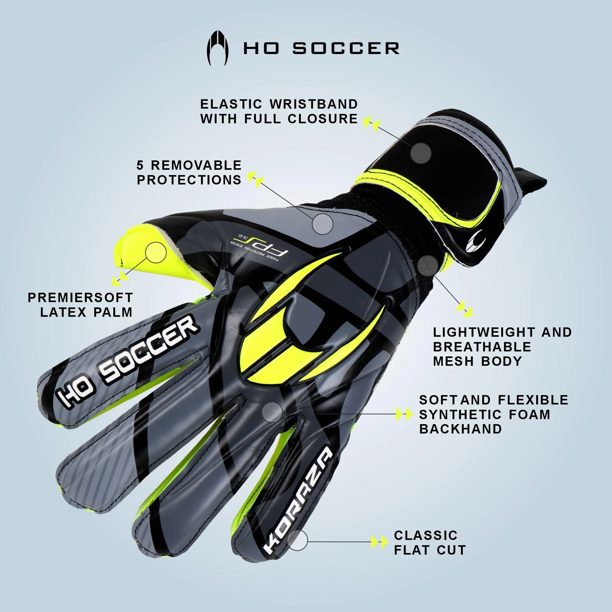 Guantes de Portero KORAZA HO Soccer con Protección Dedos Extraíbles Gris Lima