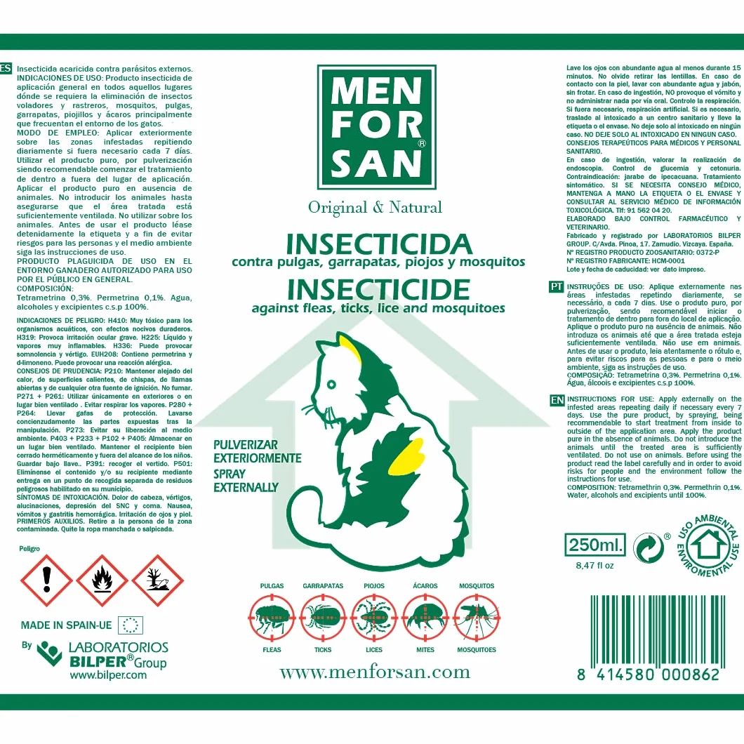 MENFORSAN Insecticida para el entorno de Gatos | No Mancha | Pulverizador | 250 ml