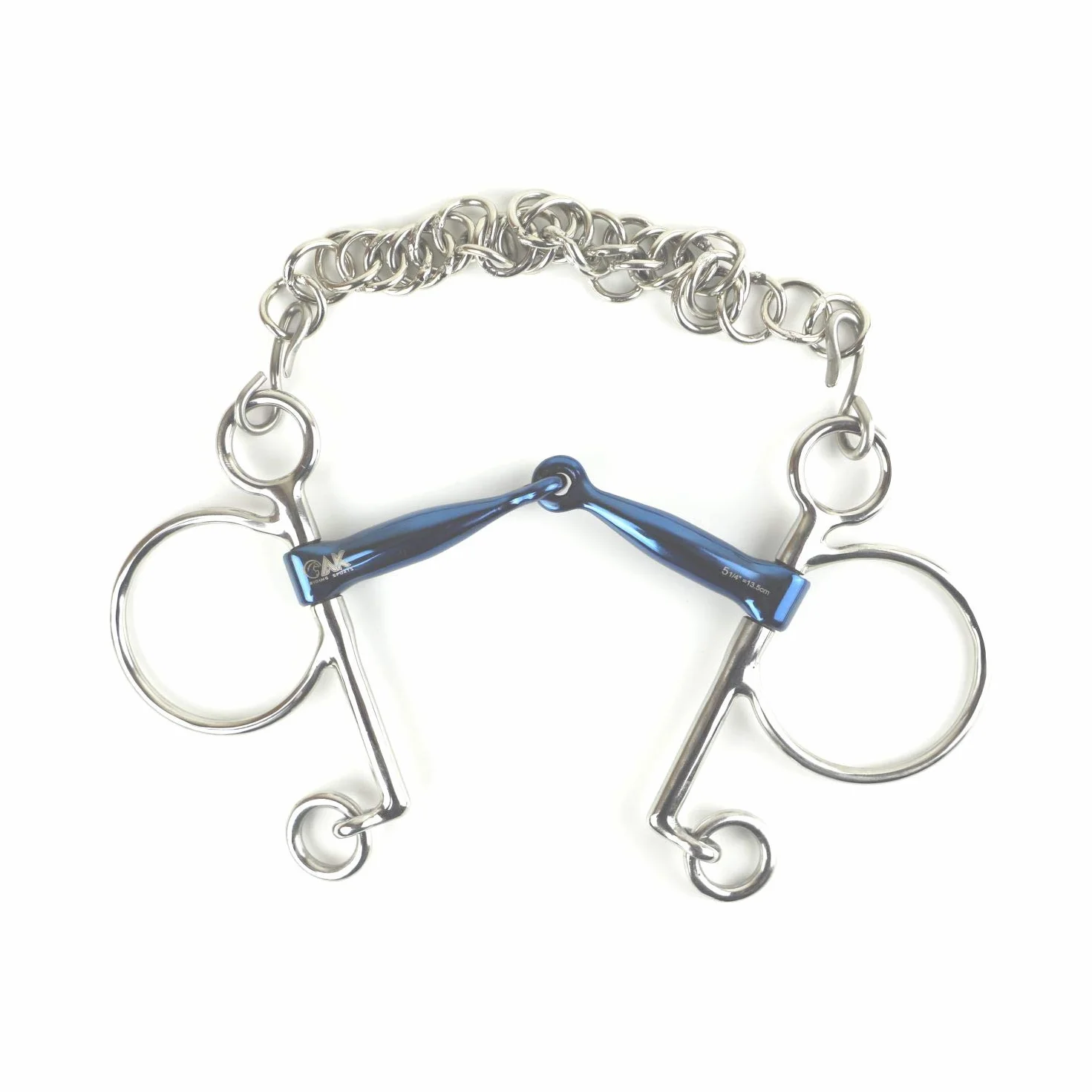 AK Pelham Bit con junta única con cadena de bordillo para montar a caballo AKRS-2608 (5.50'', Azul-Plata)