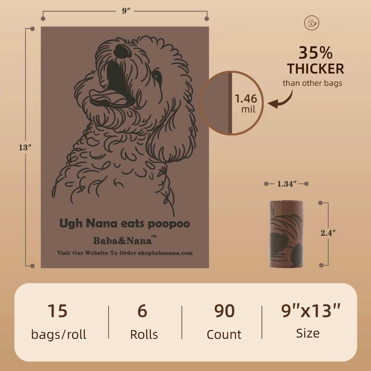 Baba&Nana Rollos de bolsas para excrementos de perro, bolsas de basura extra gruesas con aroma a café, 100% a prueba de fugas, bolsas para excrementos de perros – 90 bolsas