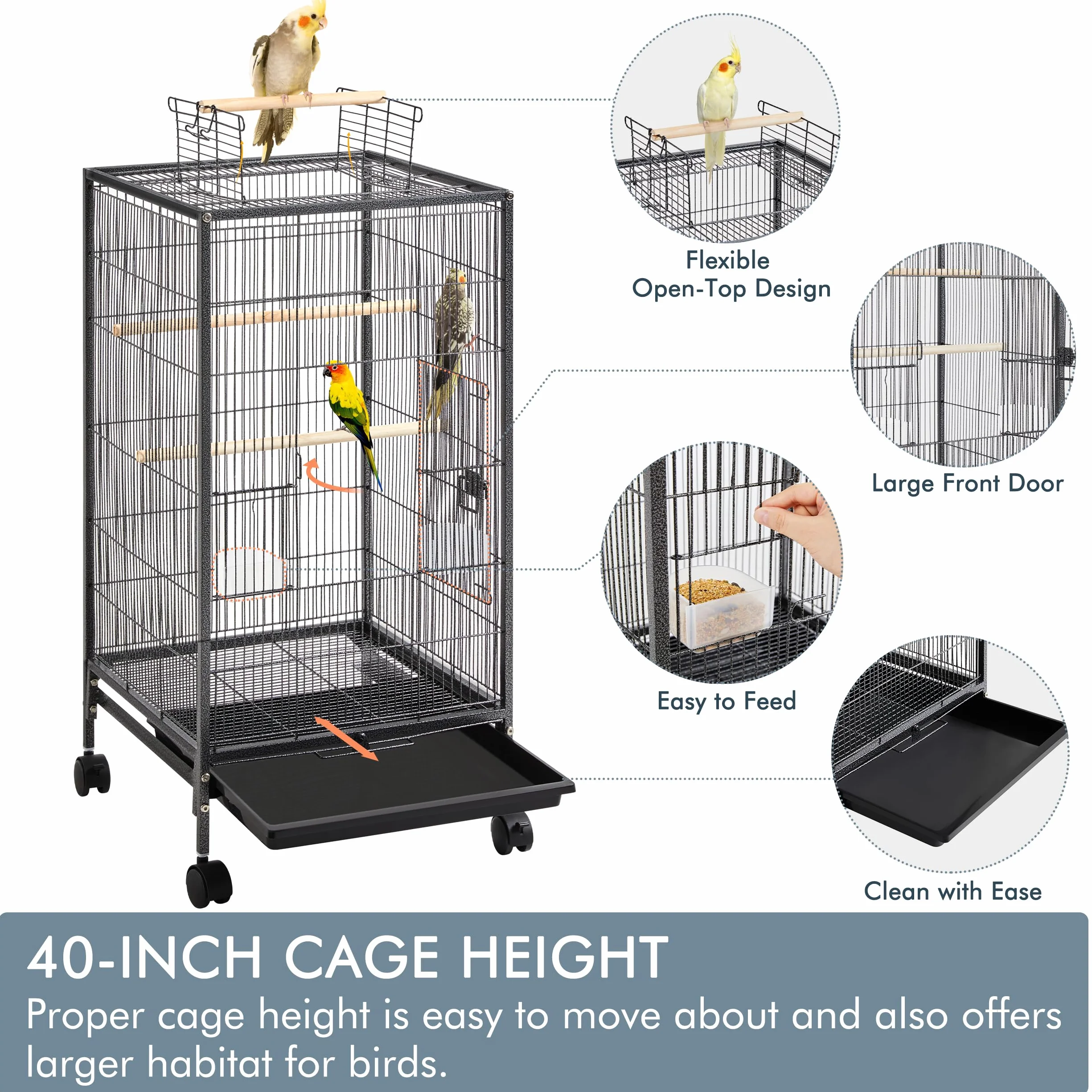 Yaheetech Jaula para Pájaros Jaula con Ruedas para Mascota Aves Loros Canarios Jaula Metálica 45,5x45,5x100,5 cm