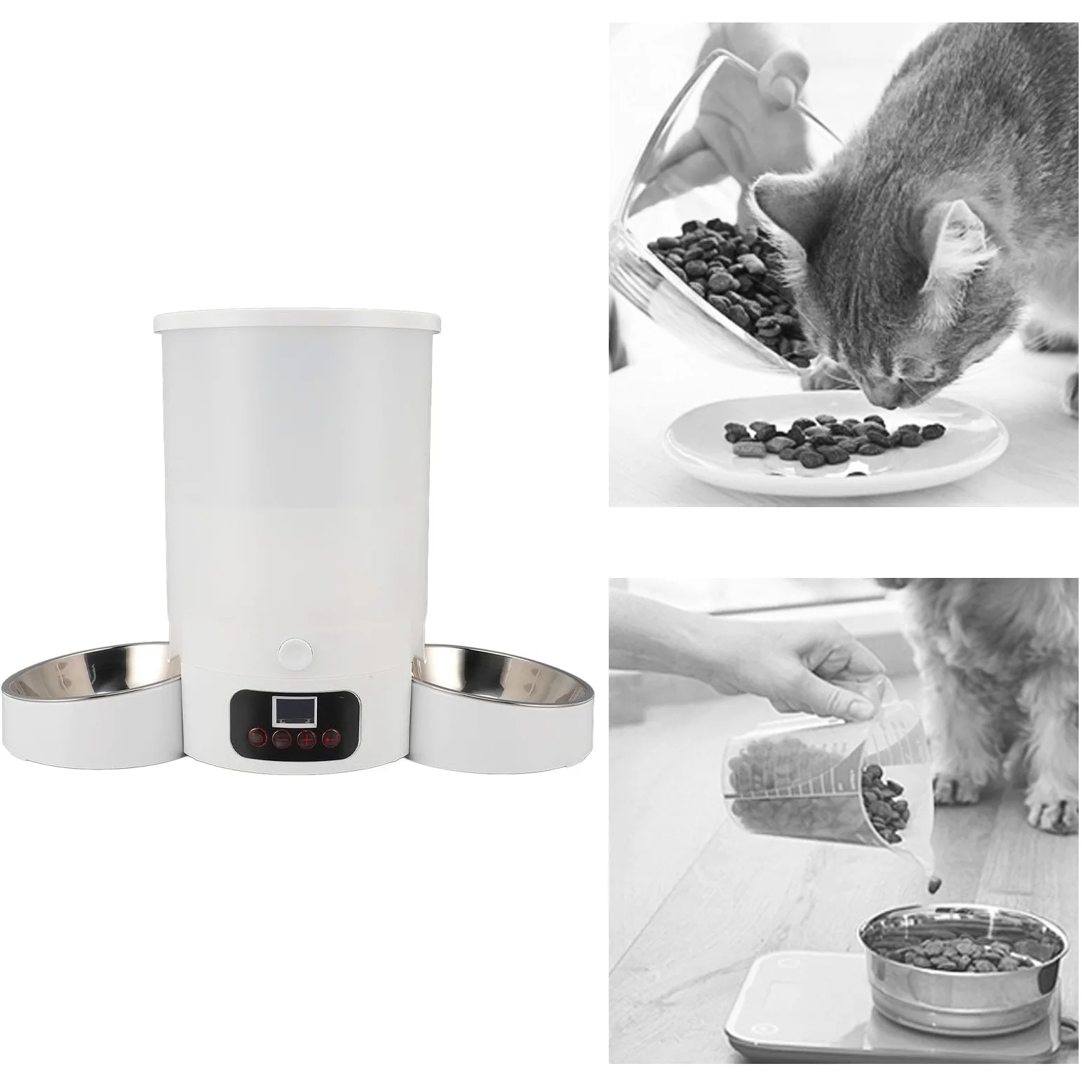Comedero Automático para Gatos con Cuenco Doble de Acero Inoxidable, Capacidad de 3 litros, Ideal para Perros y Gatos, Fácil de Limpiar y Alimentación Programada Inteligente (Blanco)
