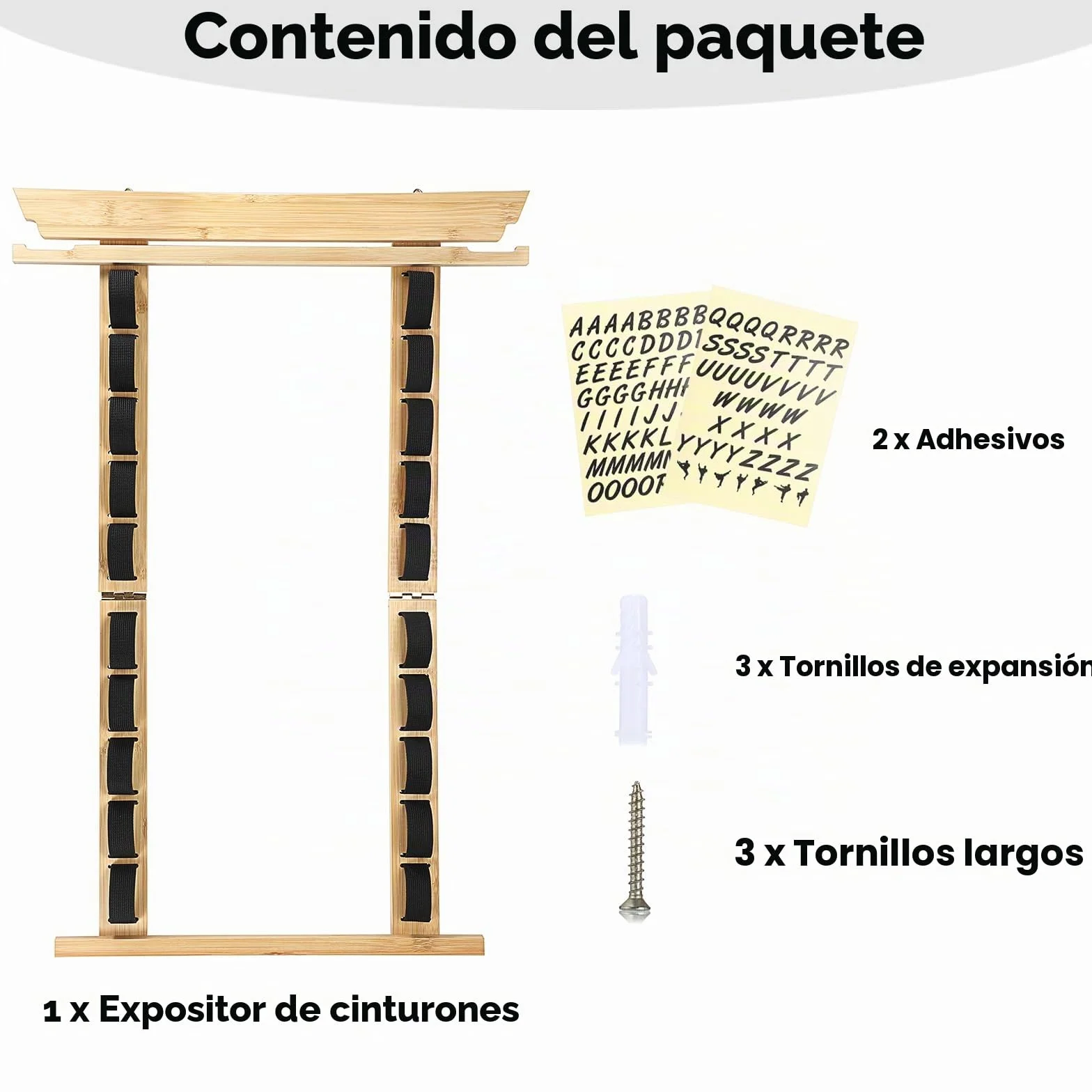 SUMNACON Soporte para cinturón de artes marciales, incluye 10 cinturones de bambú para taekwondo, soporte de pared para judo, karate y ninjitsu