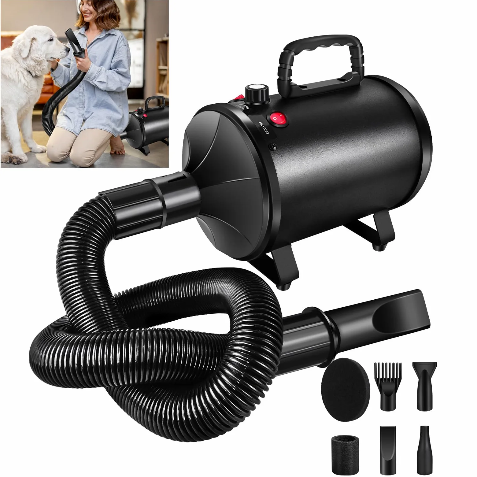 2800W Secador de pelo para mascotasSecador de pelo de bajo nivel de ruido, velocidad continua, temperatura ajustable, 2,5 m de manguera flexible con 4 boquillas