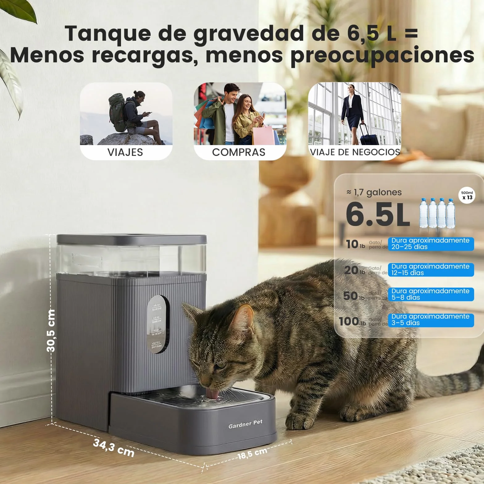 Gardner Pet dispensador Agua Gatos automático de 6.5L, Bebedero Perro automatico por Gravedad con Cuenco de Acero Inoxidable, dispensador de Agua para Perros, sin Electricidad, Libre de BPA - Gris