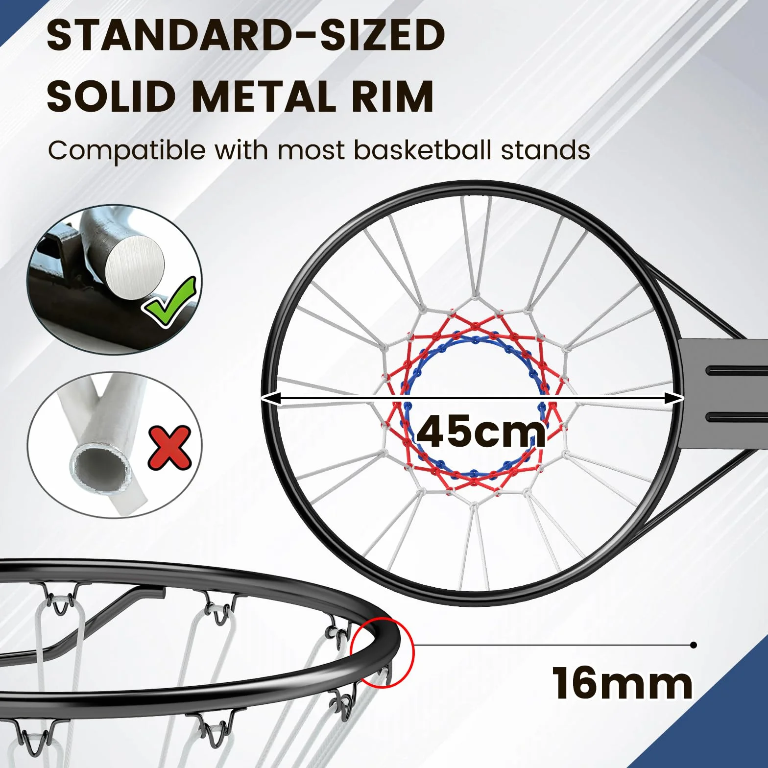 Canasta de Baloncesto de Pared Ø45 cm, Aro Macizo con Soporte y Red, Metal para Interior y Exterior